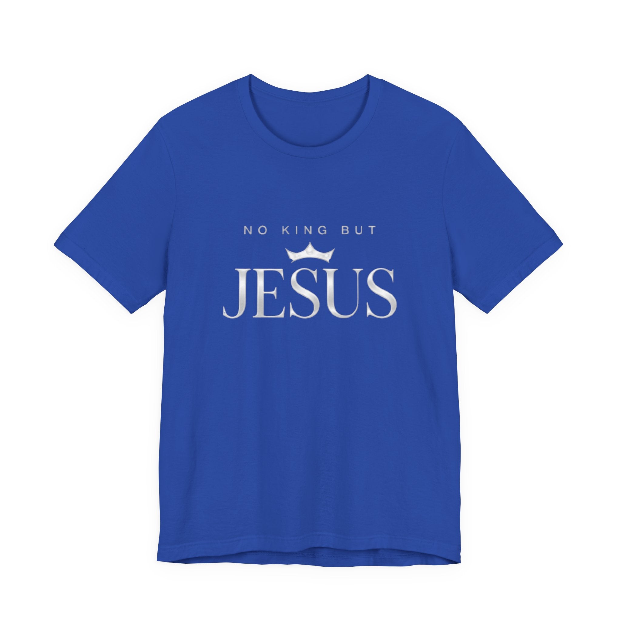 Blue t-shirt with 'No King But Jesus' text on a white background
