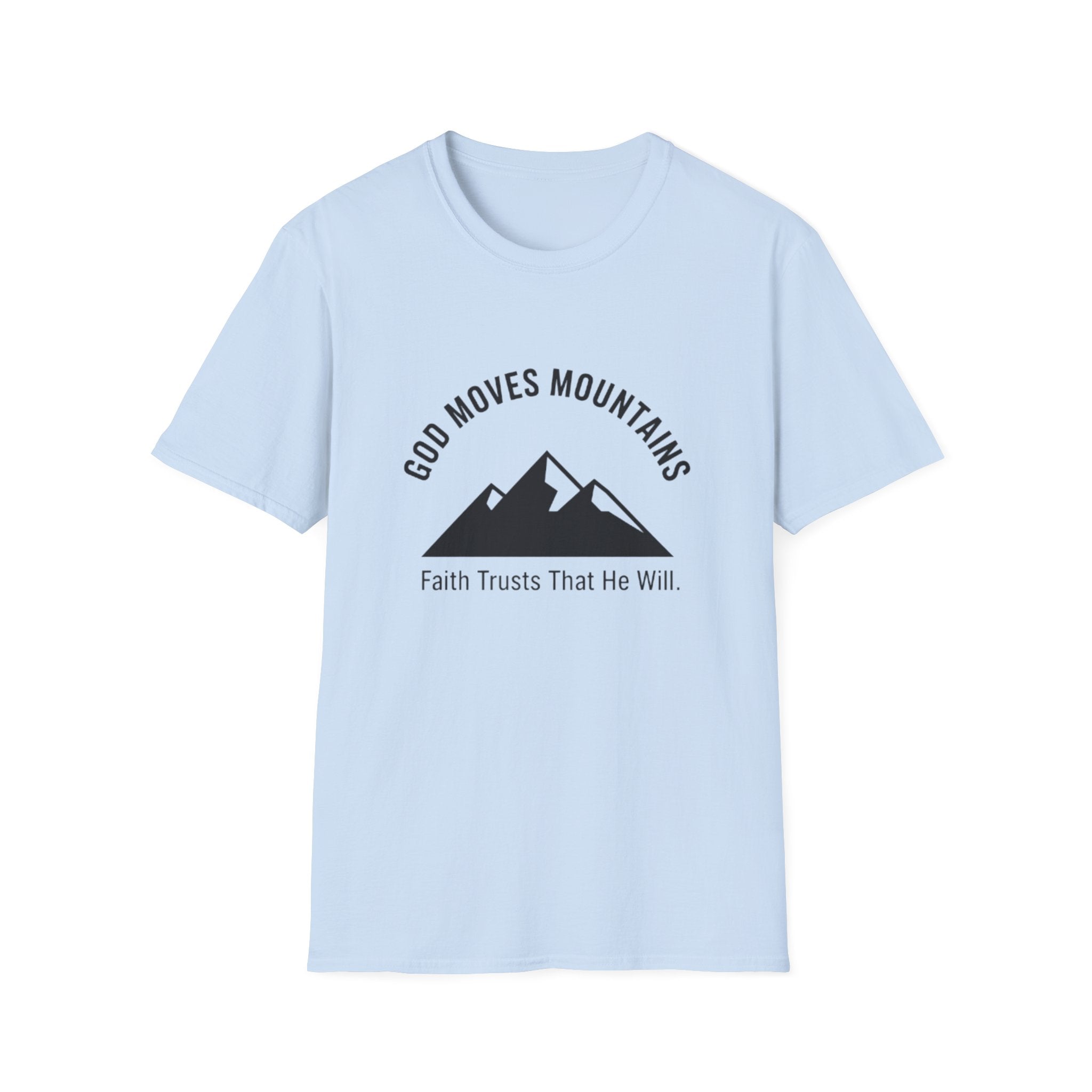 Light blue t-shirt with black mountain graphic and text on a white background
