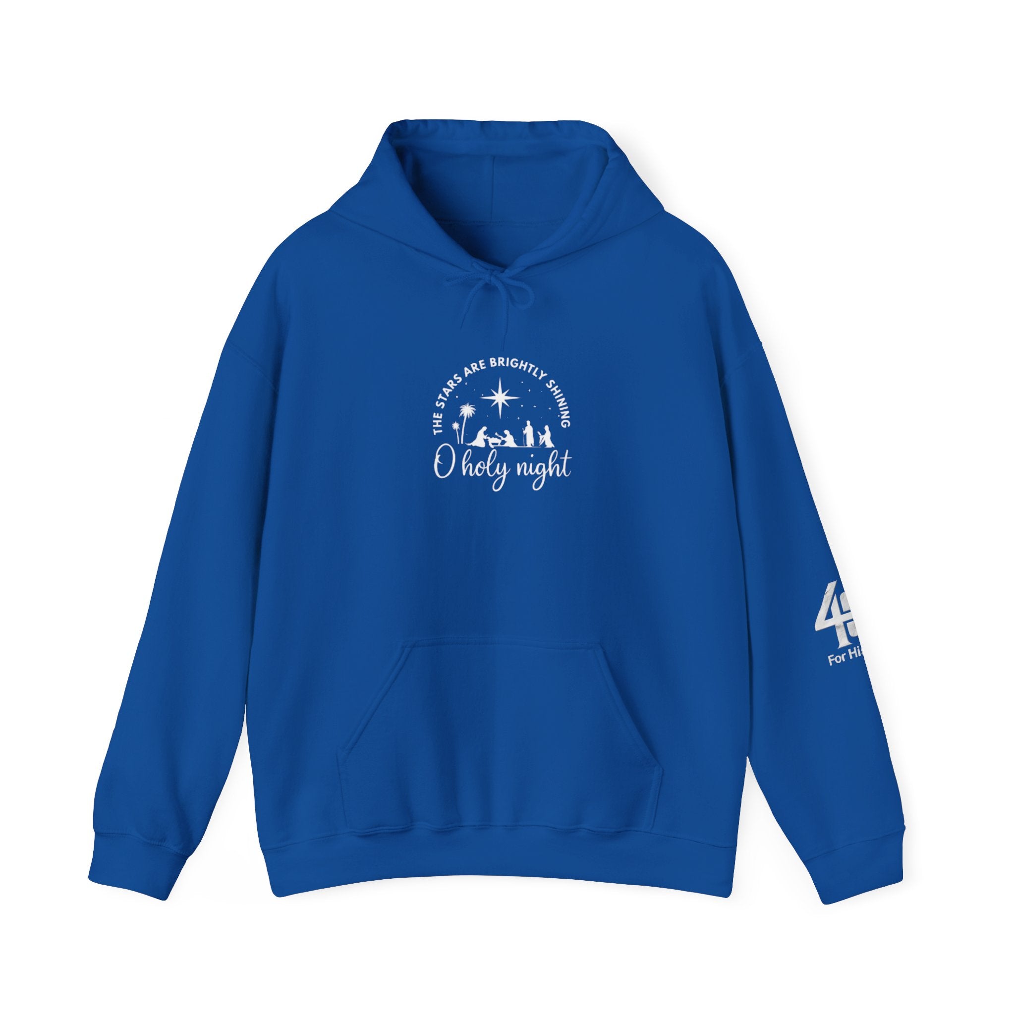 Blue hoodie with a Christmas design and text on a white background