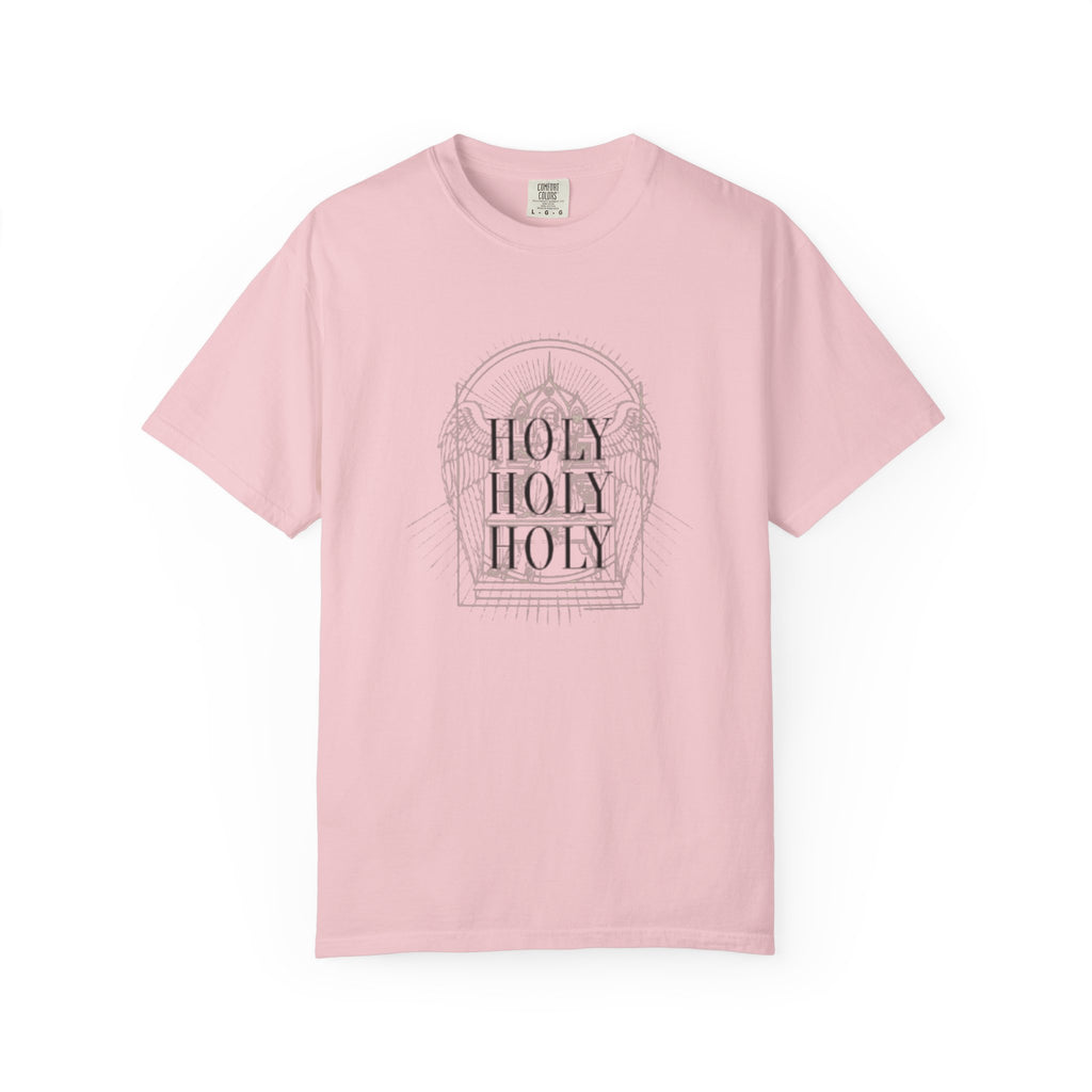 Holy Holy Holy Gothic Stained-Glass Faith Tee in Blossom — front view showing Isaiah 6:3 gothic stained-glass design, Christian tee by 4HG