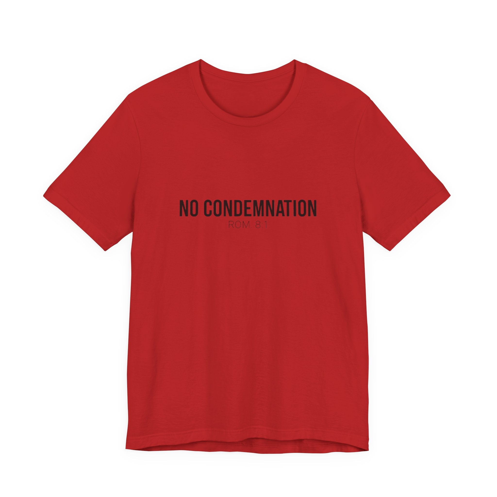 Red t-shirt with 'NO CONDEMNATION' text on a white background