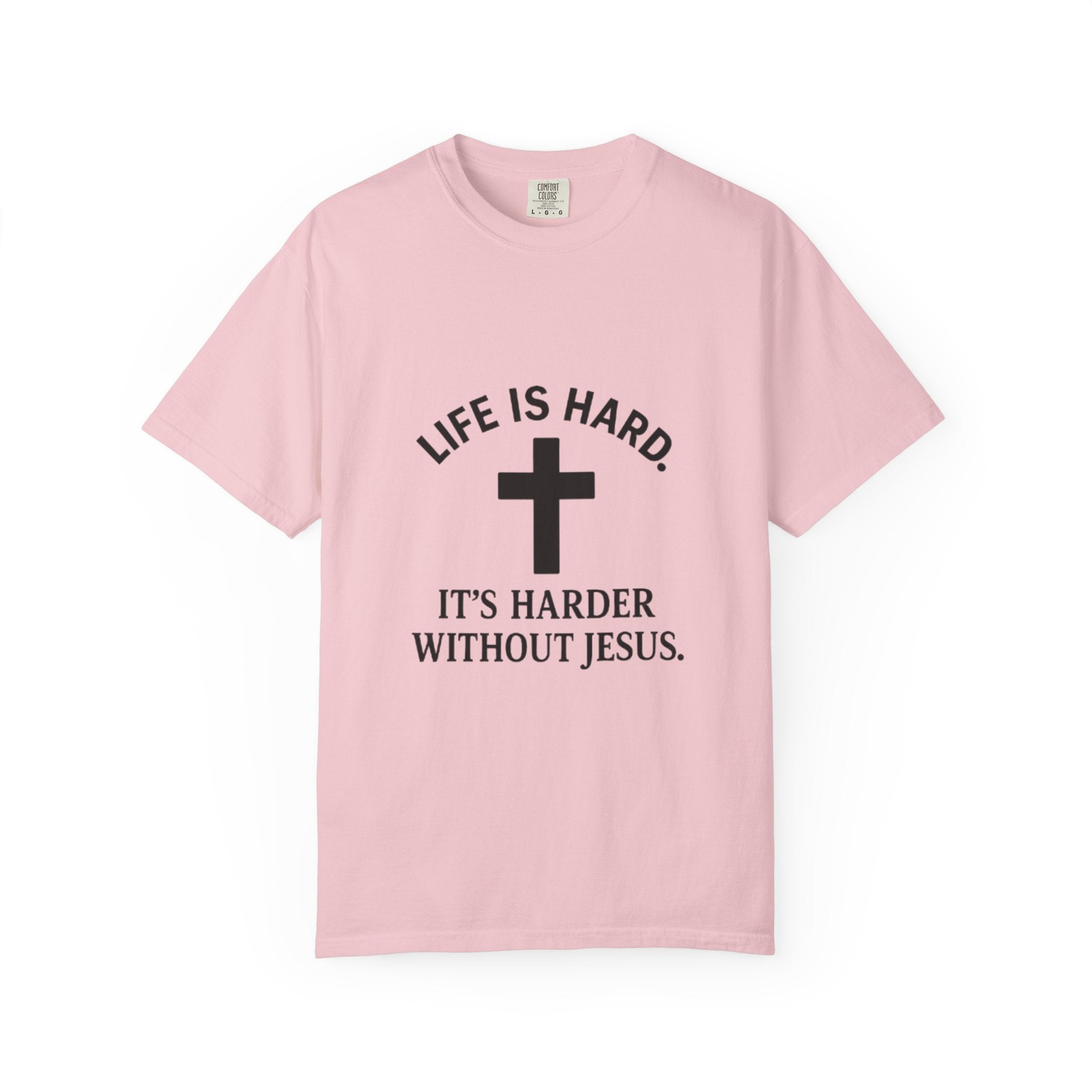 Pink t-shirt with black text and cross on a white background