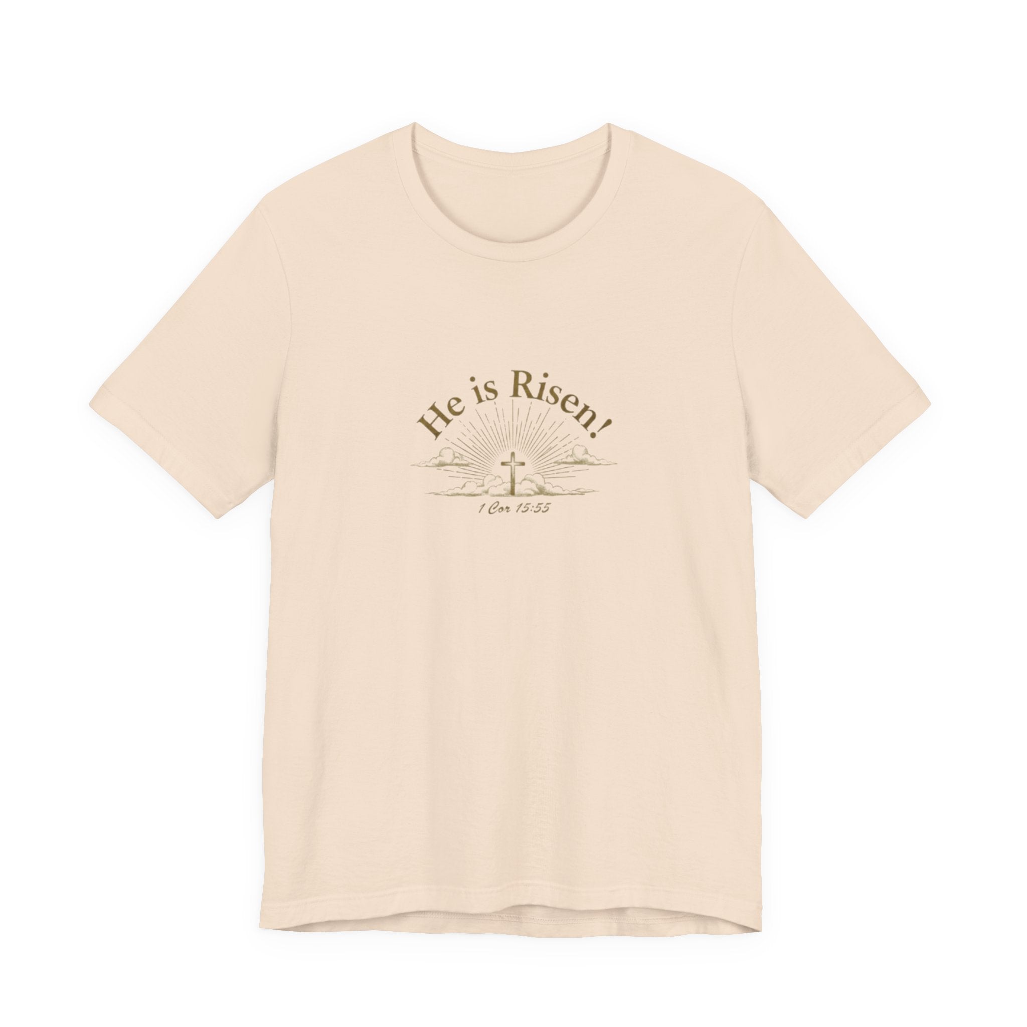 Beige t-shirt with 'He is Risen!' text and cross graphic on a white background
