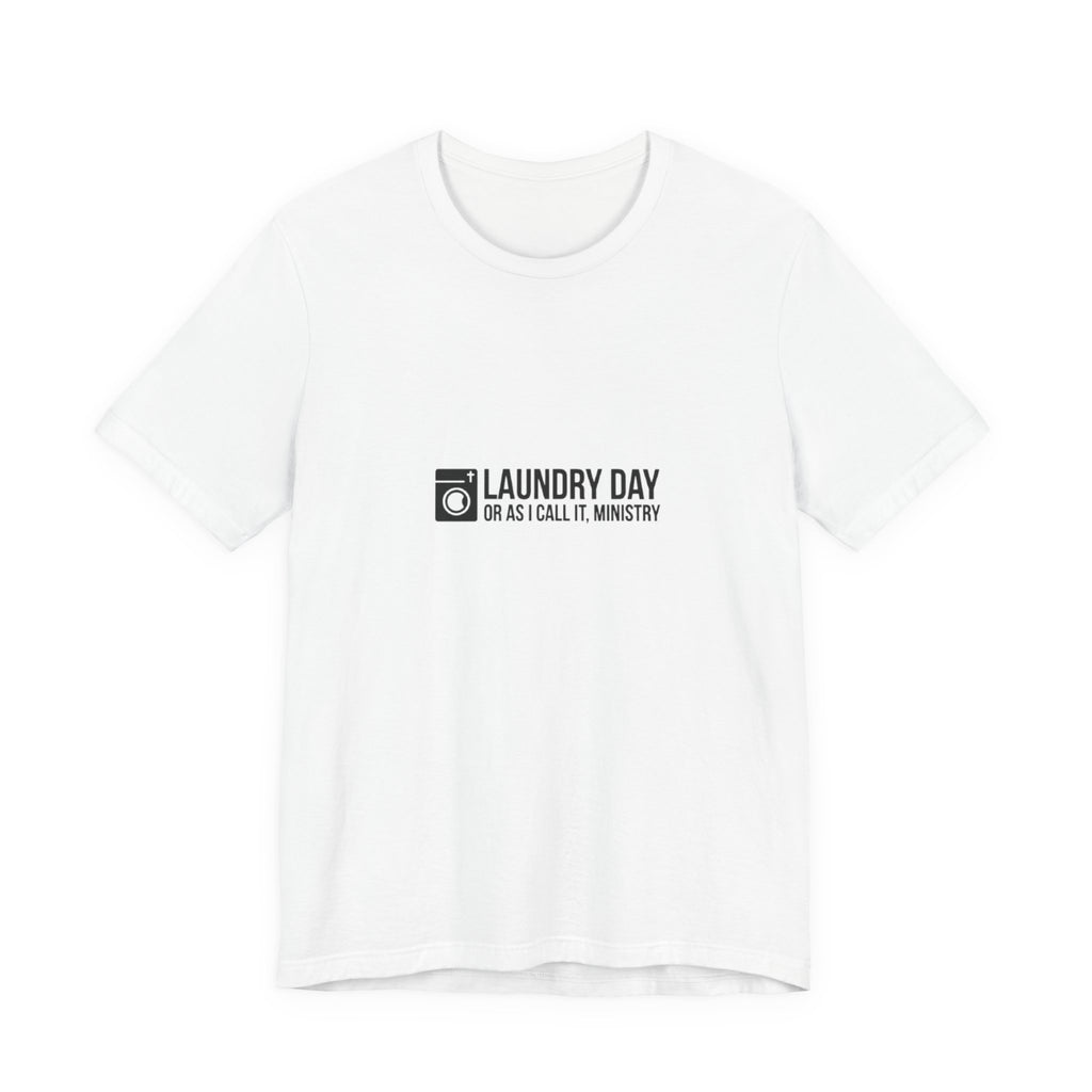 White t-shirt with black text and logo on a white background