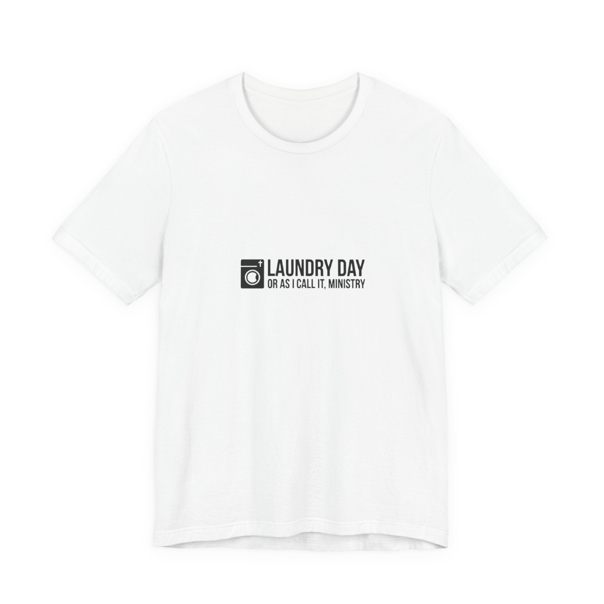 White t-shirt with black text and logo on a white background
