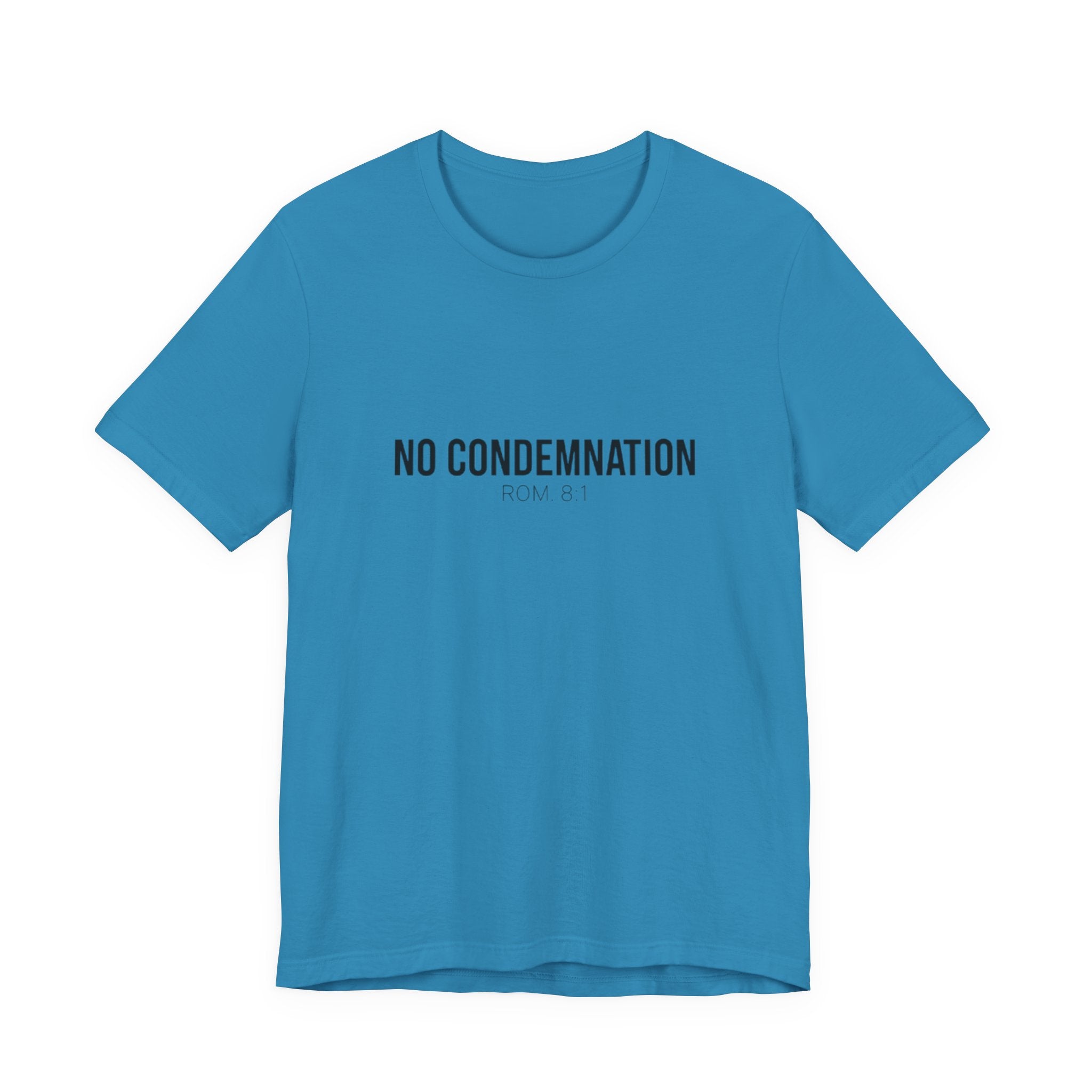Blue t-shirt with 'NO CONDEMNATION' text on a white background