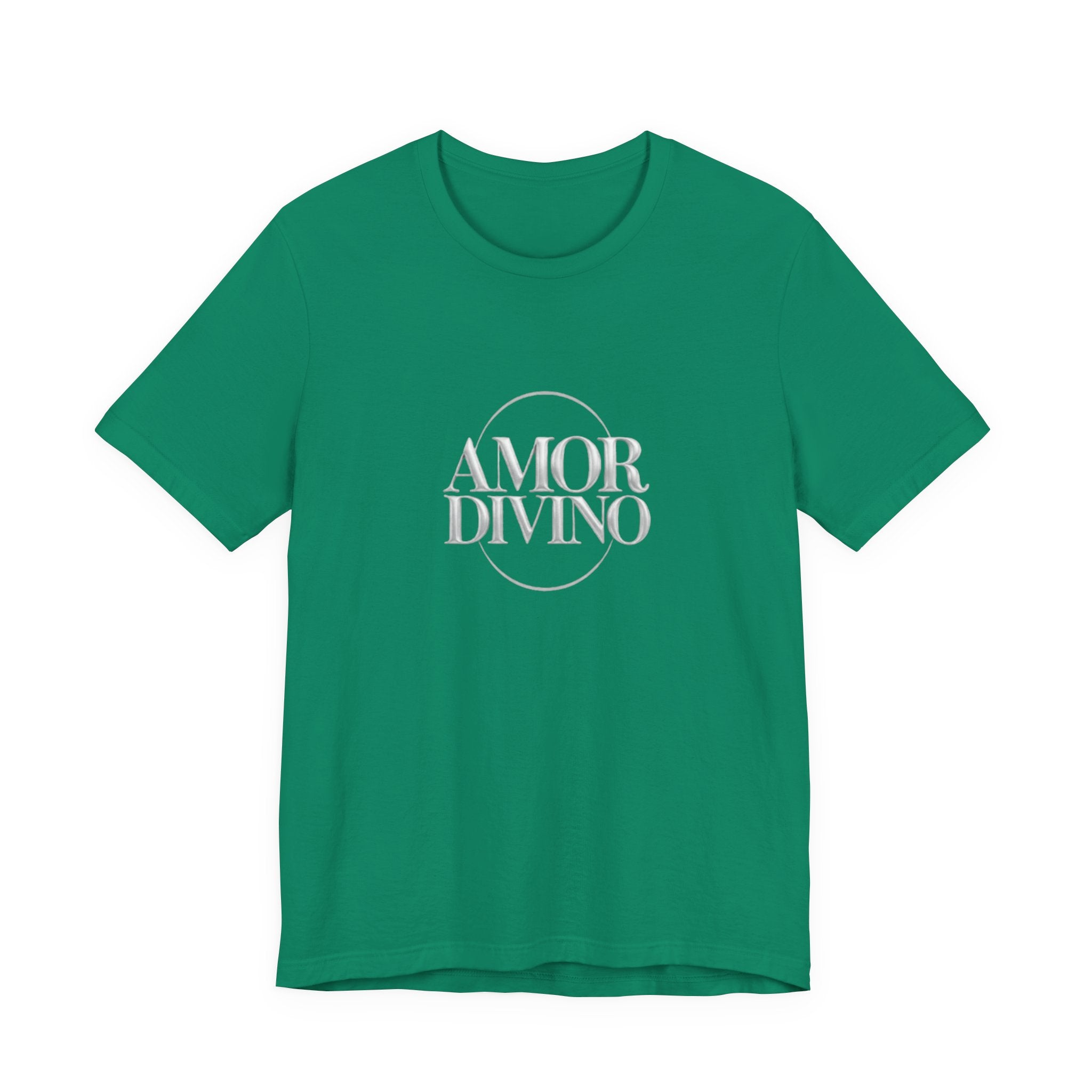 Green t-shirt with 'AMOR DIVINO' text on a white background