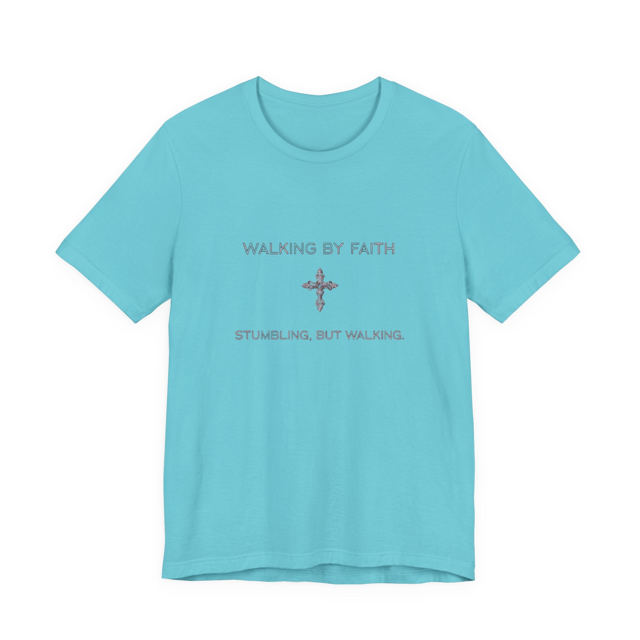Light blue t-shirt with text and cross design on a white background