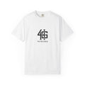 White t-shirt with black logo and text on a white background