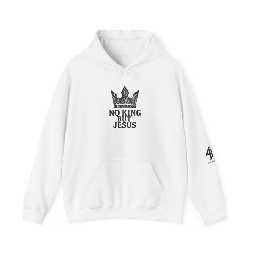 White hoodie with 'No King But Jesus' text and crown design on a white background