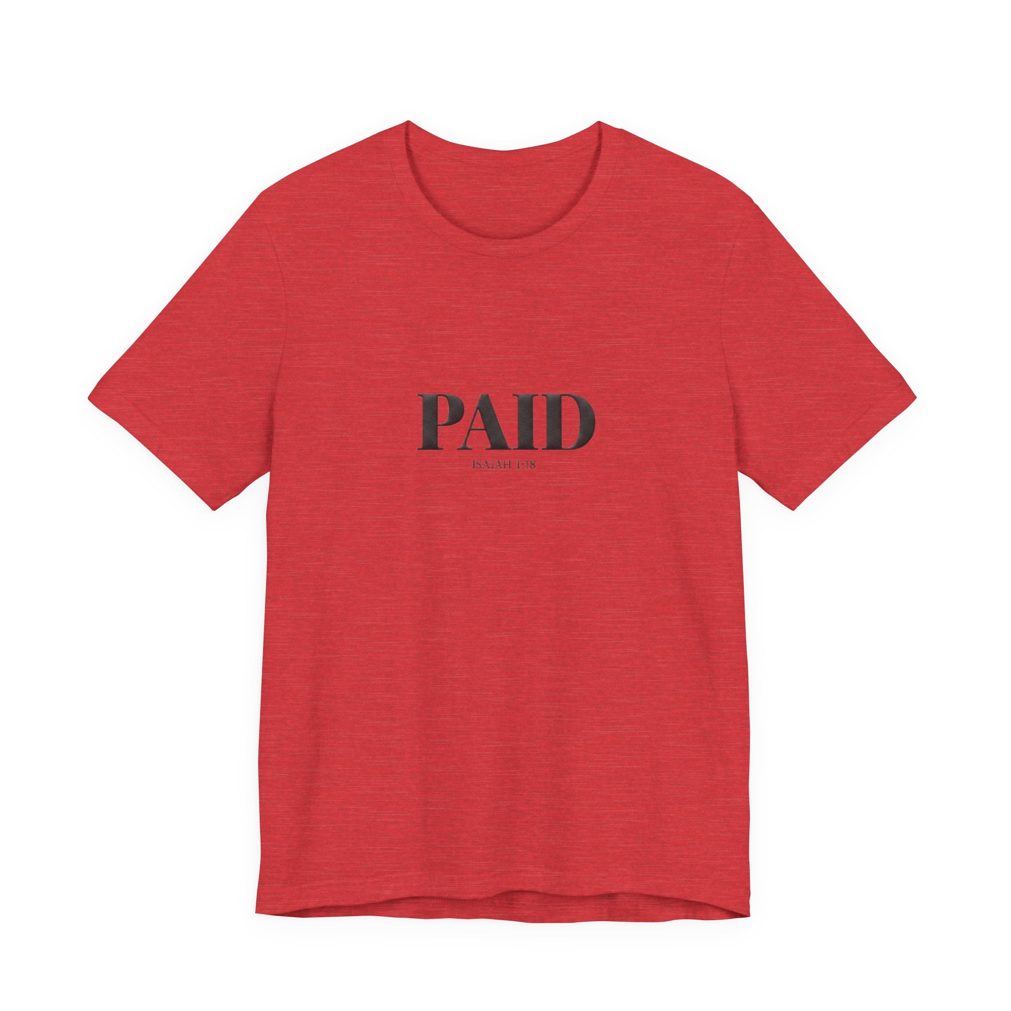 Red t-shirt with 'PAID' text on a white background
