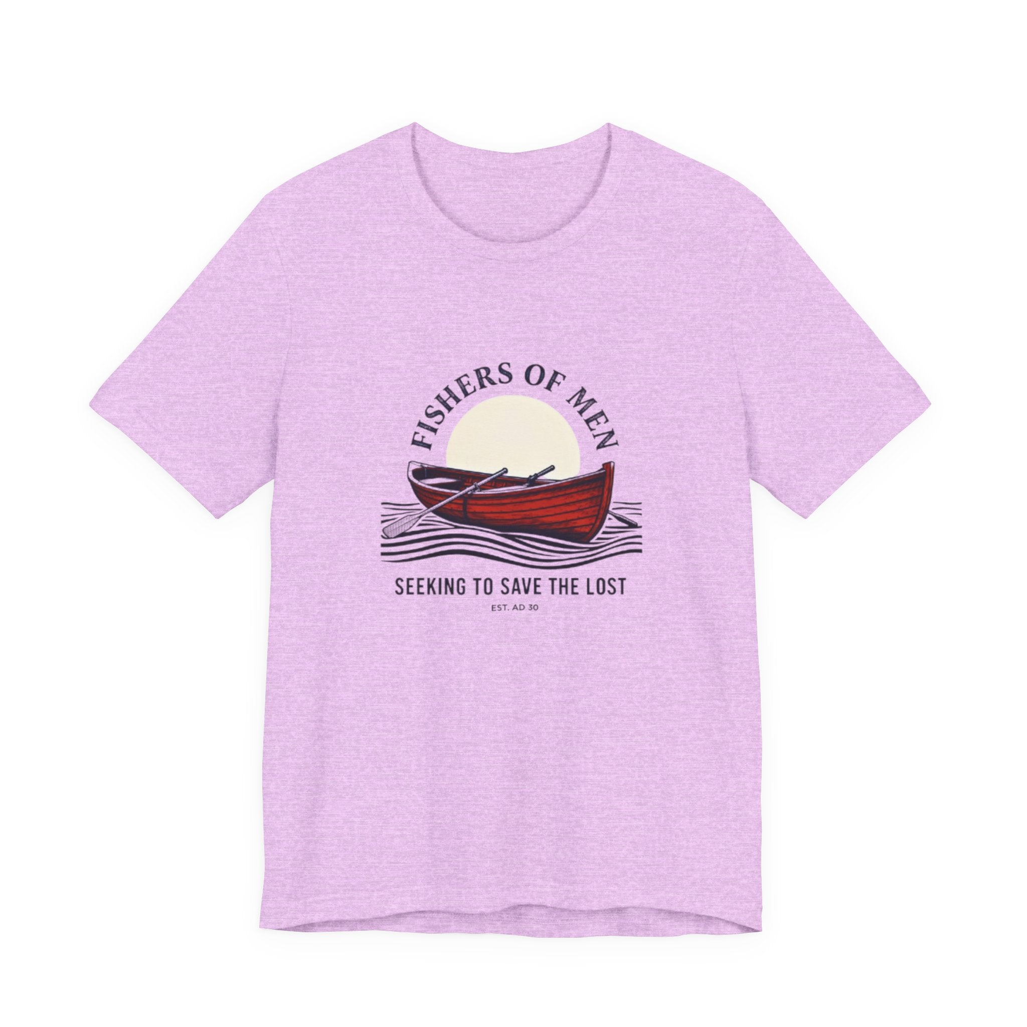 Purple t-shirt with a graphic of a boat and text on a white background