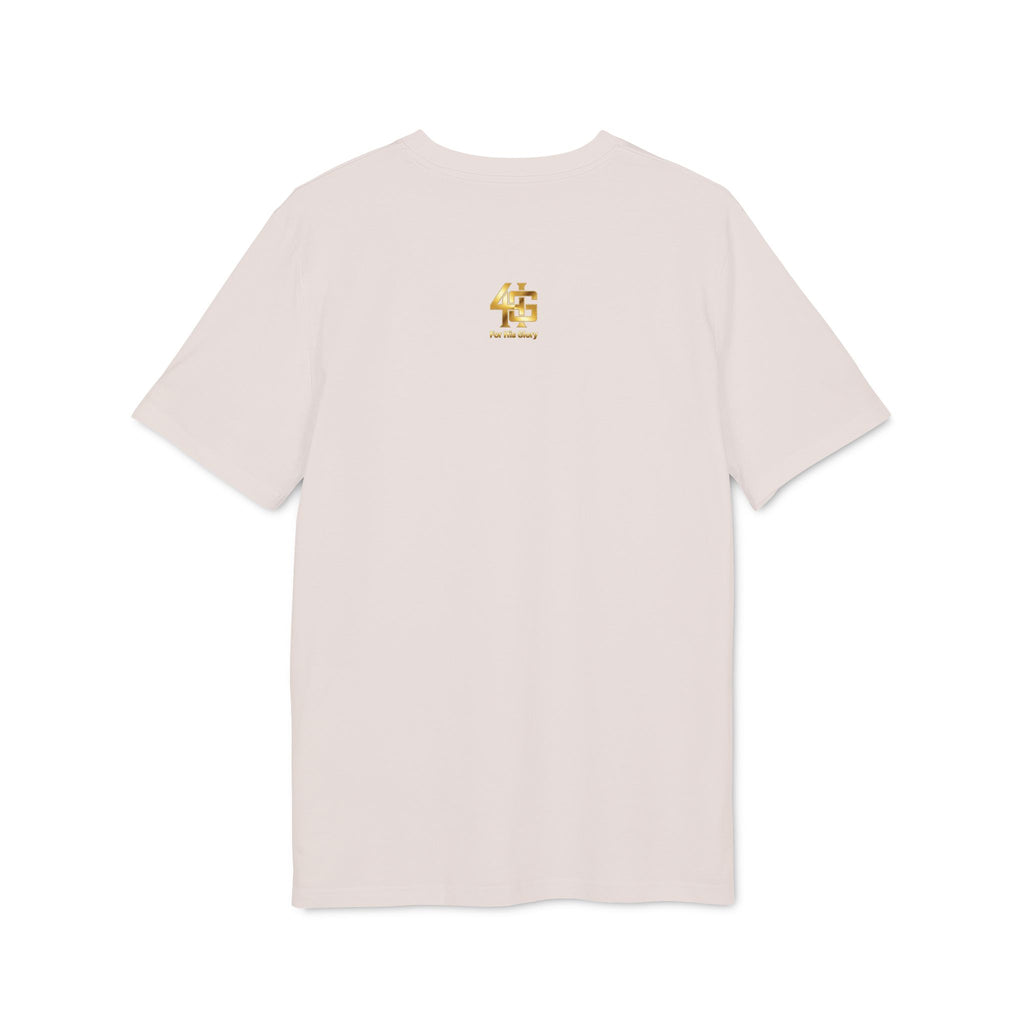 Beige t-shirt with a small logo on the back against a white background