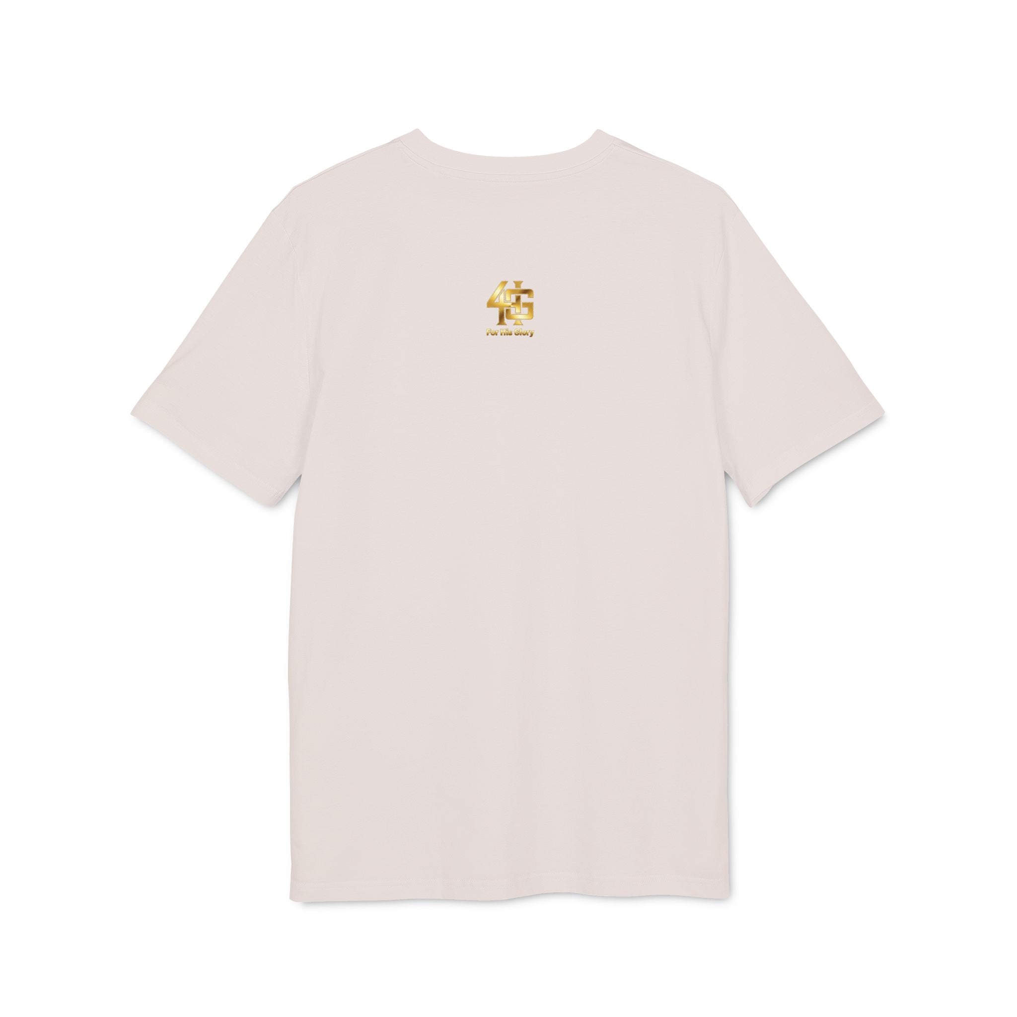 Beige t-shirt with a small logo on the back against a white background