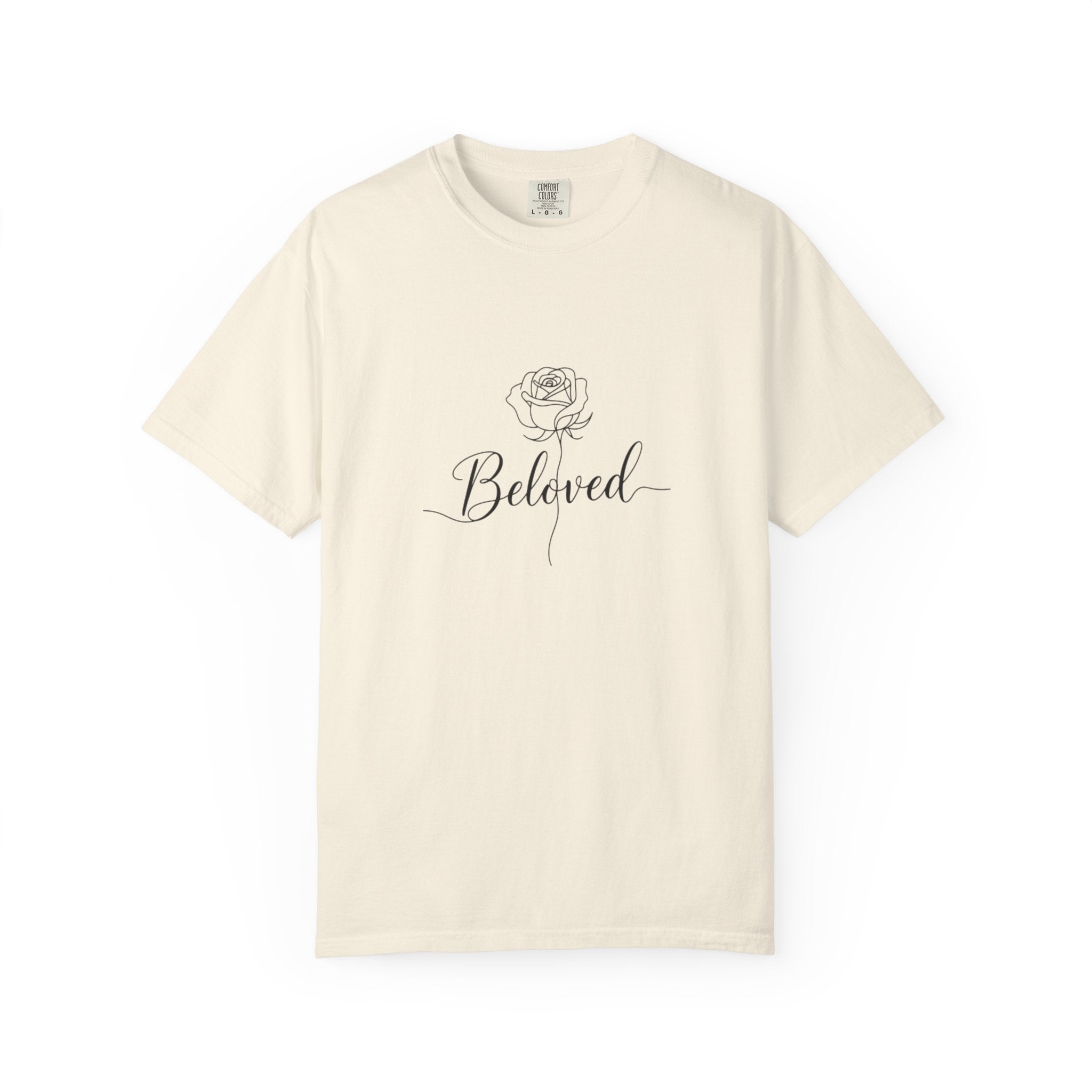 Beige t-shirt with a rose and 'Beloved' text on a white background