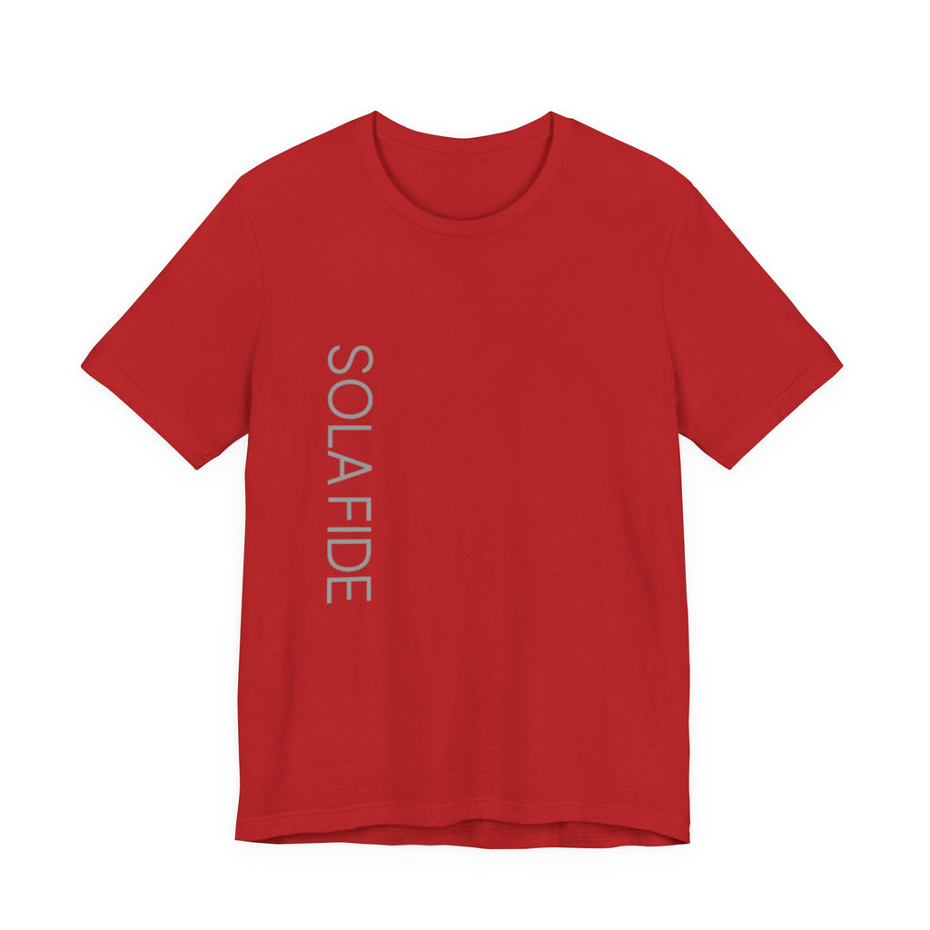 Sola Fide Vertical Logo Tee in Red — front view showing Faith Alone Reformation graphic, Ephesians 2:8-9 Christian tee by 4HG