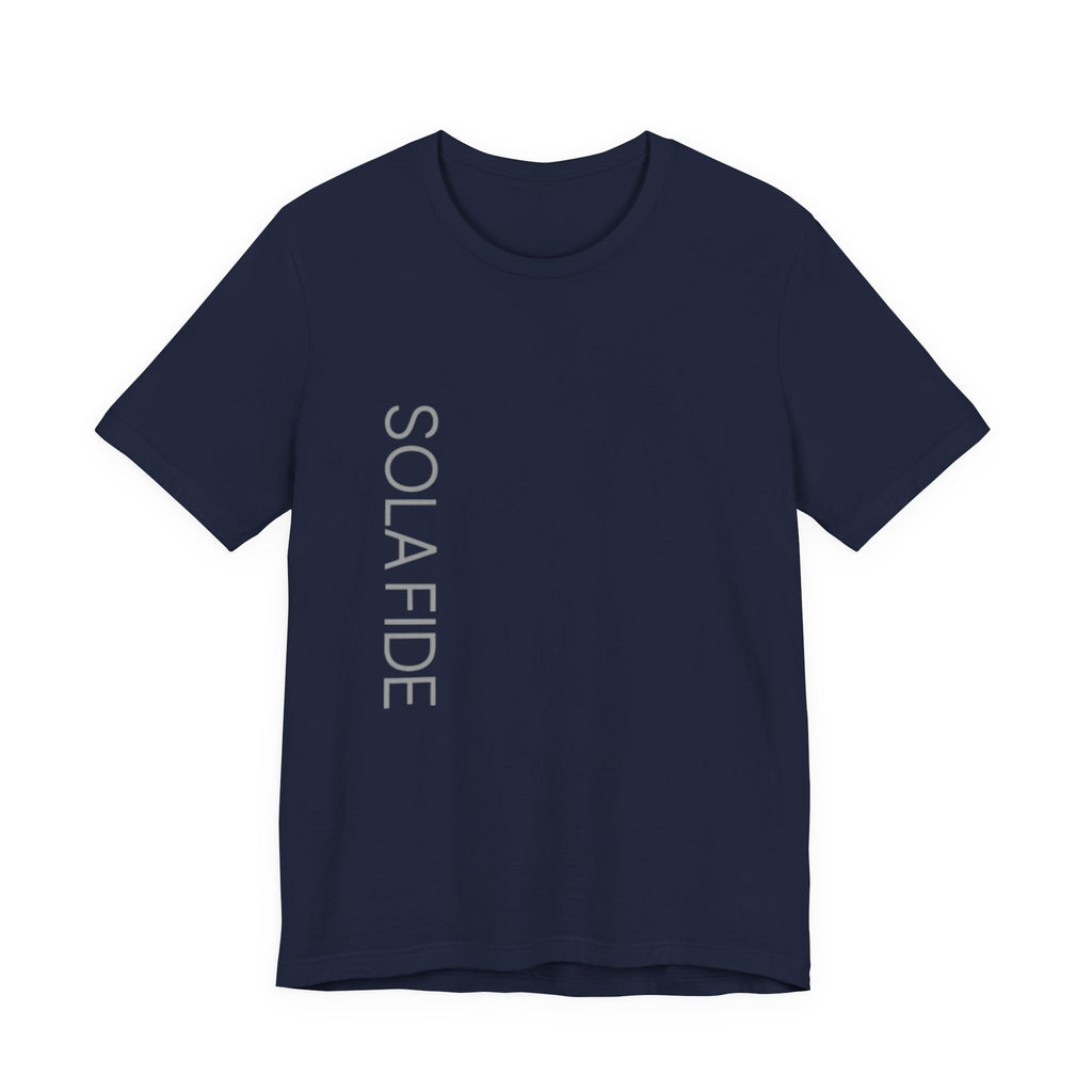 Sola Fide Vertical Logo Tee in Navy — front view showing Faith Alone Reformation graphic, Ephesians 2:8-9 Christian tee by 4HG