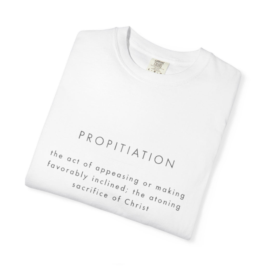 Propitiation Garment-Dyed T-Shirt in White — front view showing Propitiation theology wordmark, 6.1 oz 100% ring-spun cotton garment-dyed Christian tee by 4HG