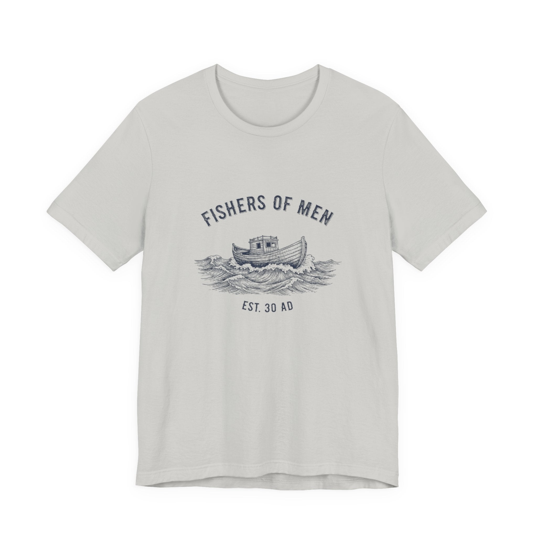 Gray t-shirt with 'Fishers of Men' graphic design on a white background