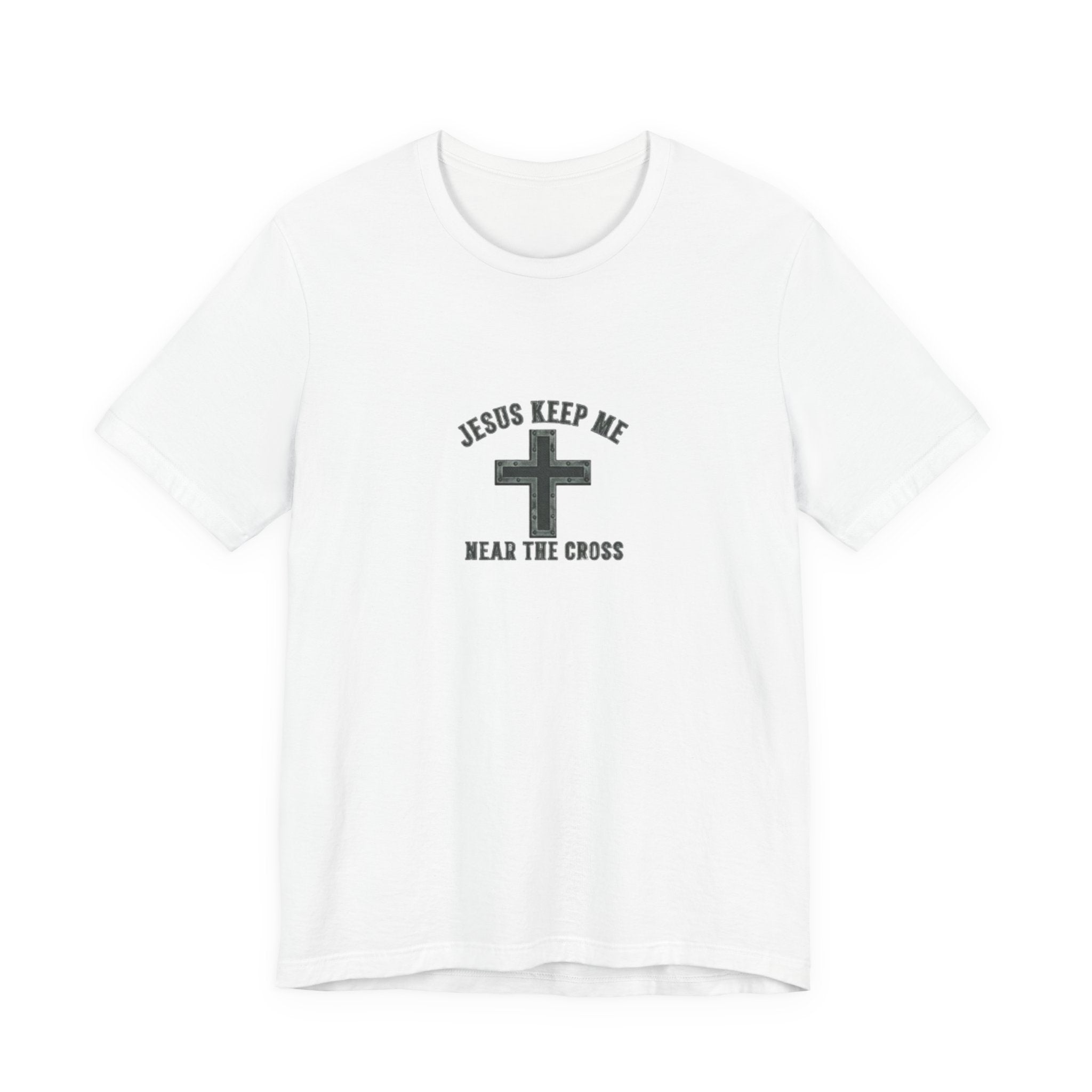 White t-shirt with black cross and text design on a white background