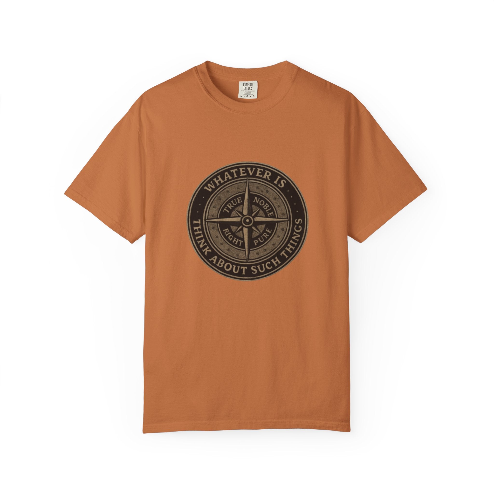 Brown t-shirt with a graphic design on a white background