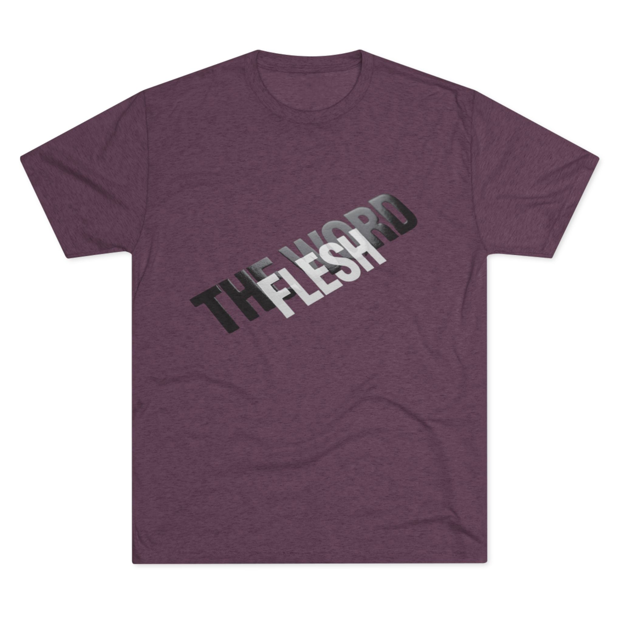 The Word Became Flesh Tee in Tri-Blend Vintage Purple — front view showing John 1:14 Incarnation scripture graphic, Christian tri-blend tee by 4HG