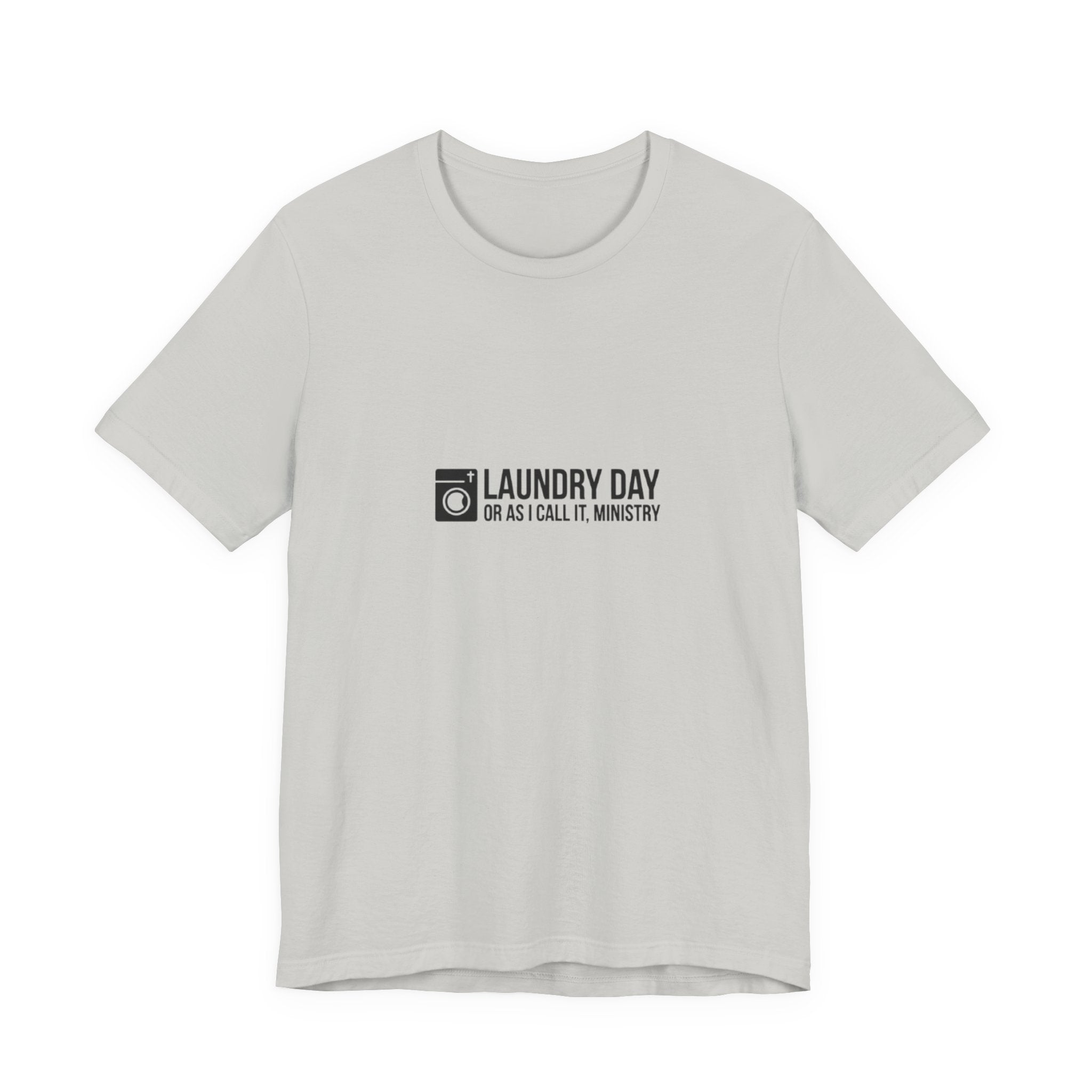 Gray t-shirt with black text and logo on a white background