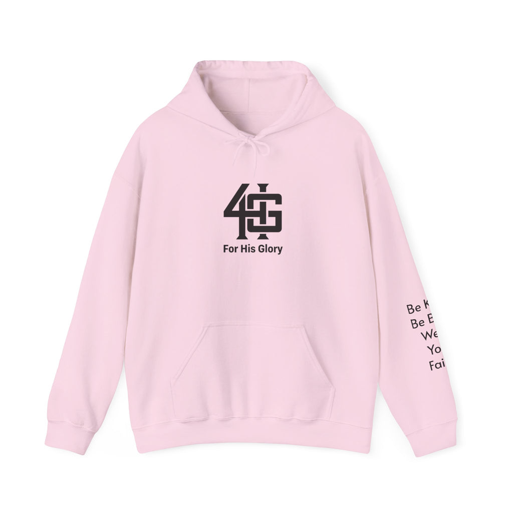 Pink hoodie with black logo and text on a white background