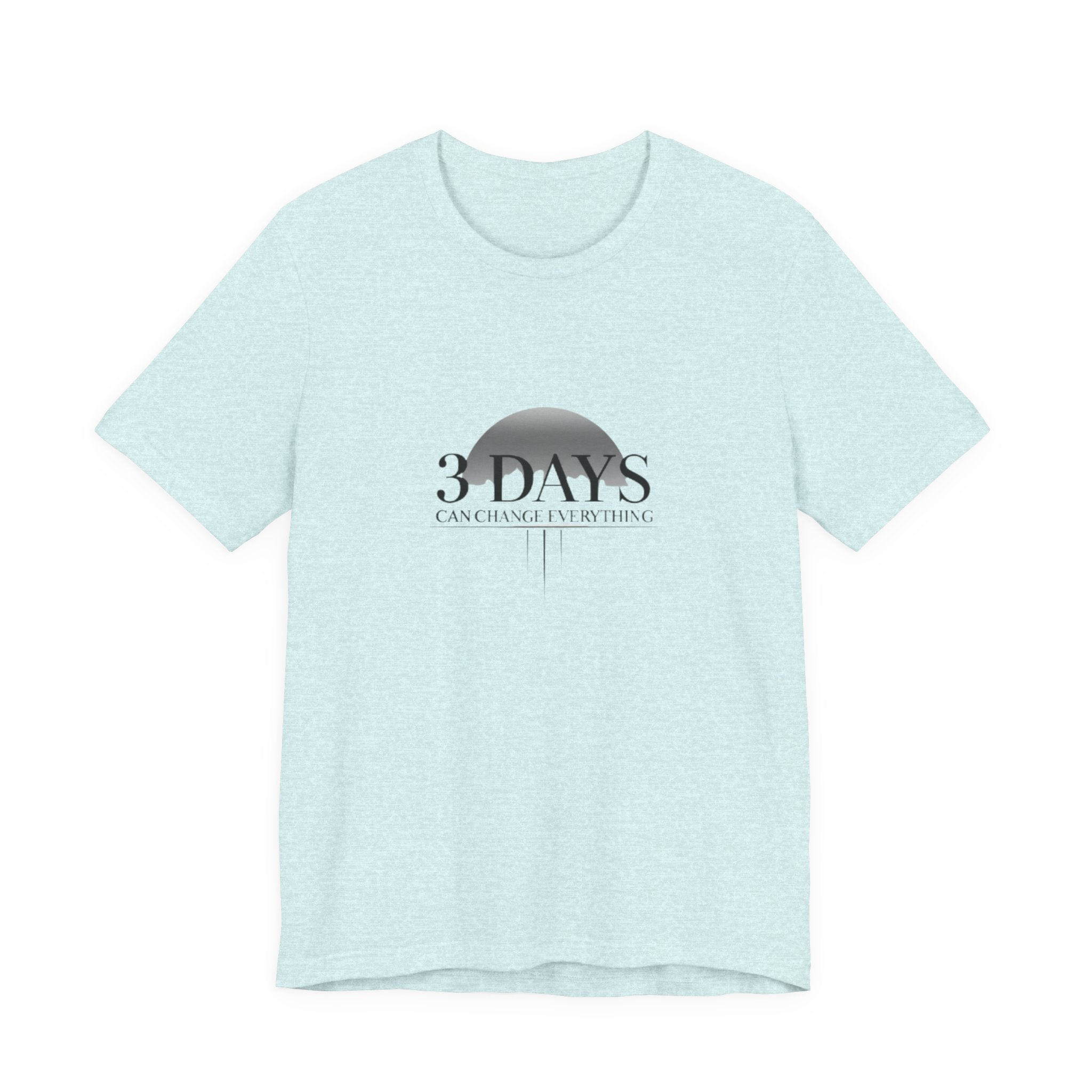 Light blue t-shirt with a graphic and text on a white background