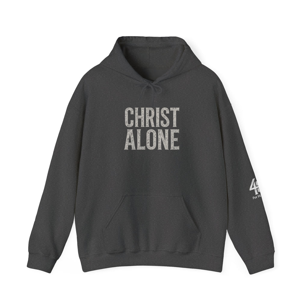 Dark gray hoodie with 'CHRIST ALONE' text on a white background