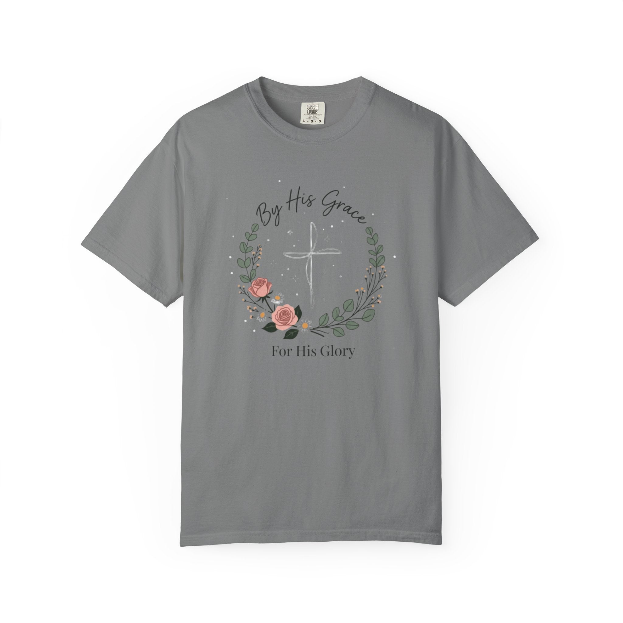 Gray t-shirt with floral design and text on a white background