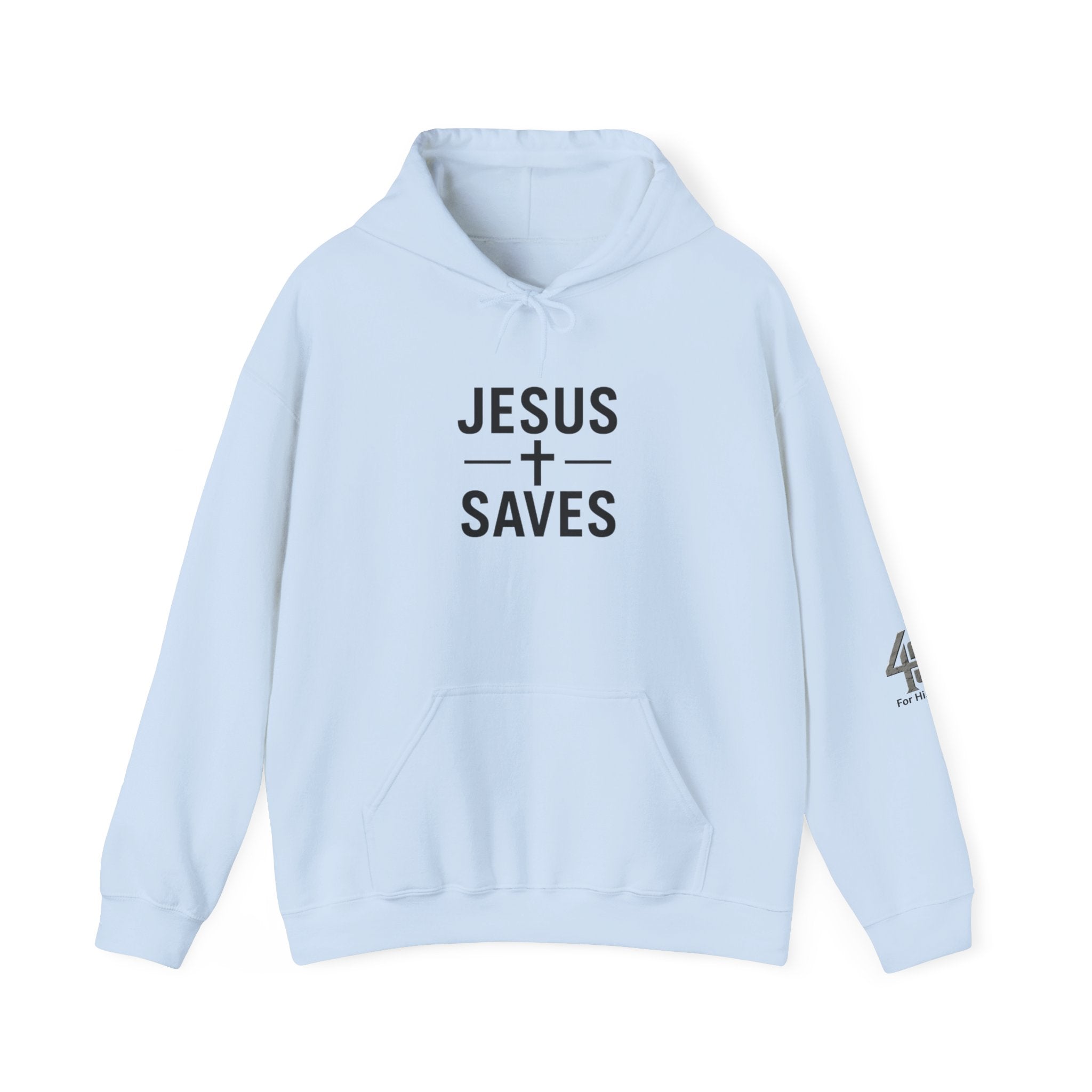 Light blue hoodie with 'Jesus Saves' text on a white background