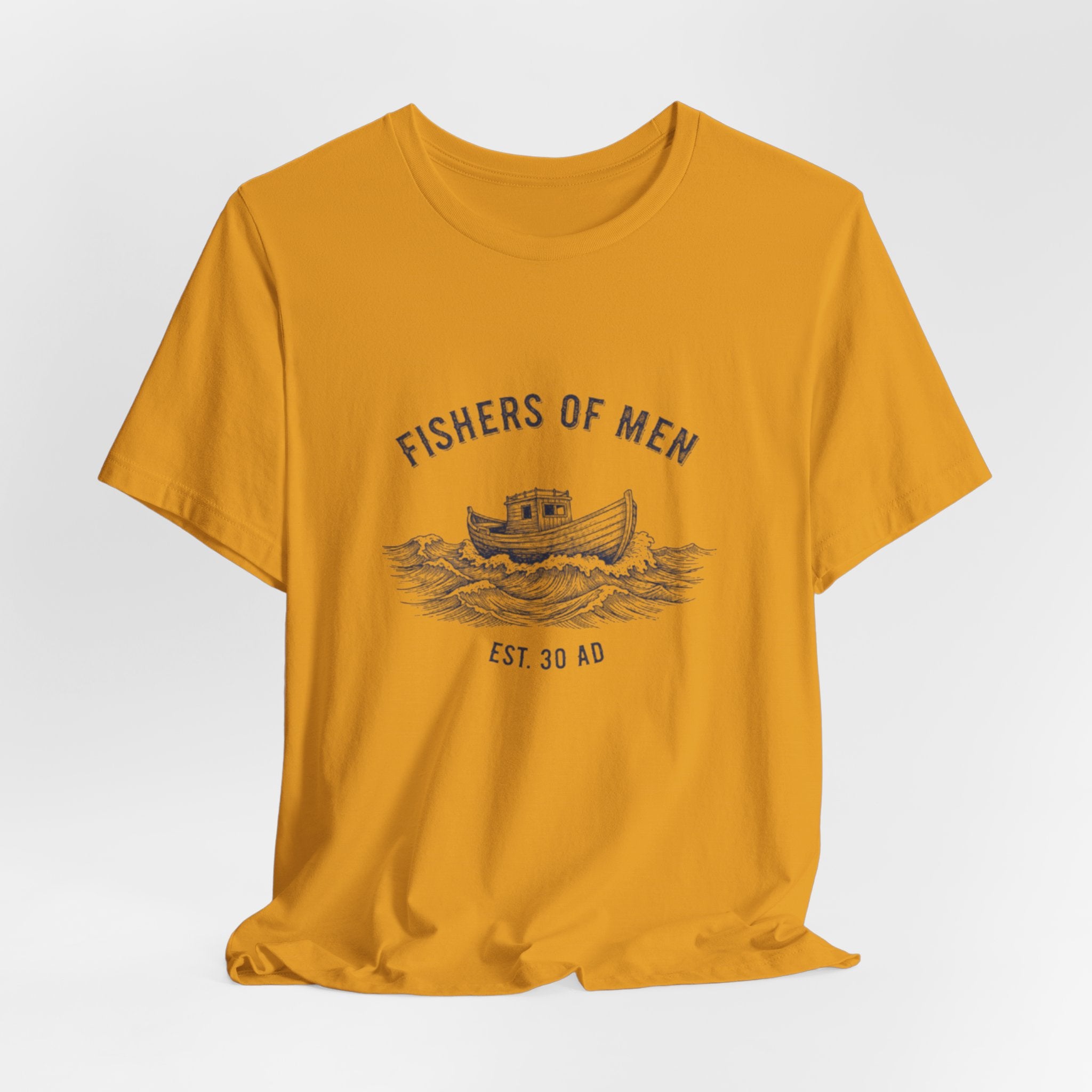 Yellow t-shirt with 'Fishers of Men' graphic design on a white background