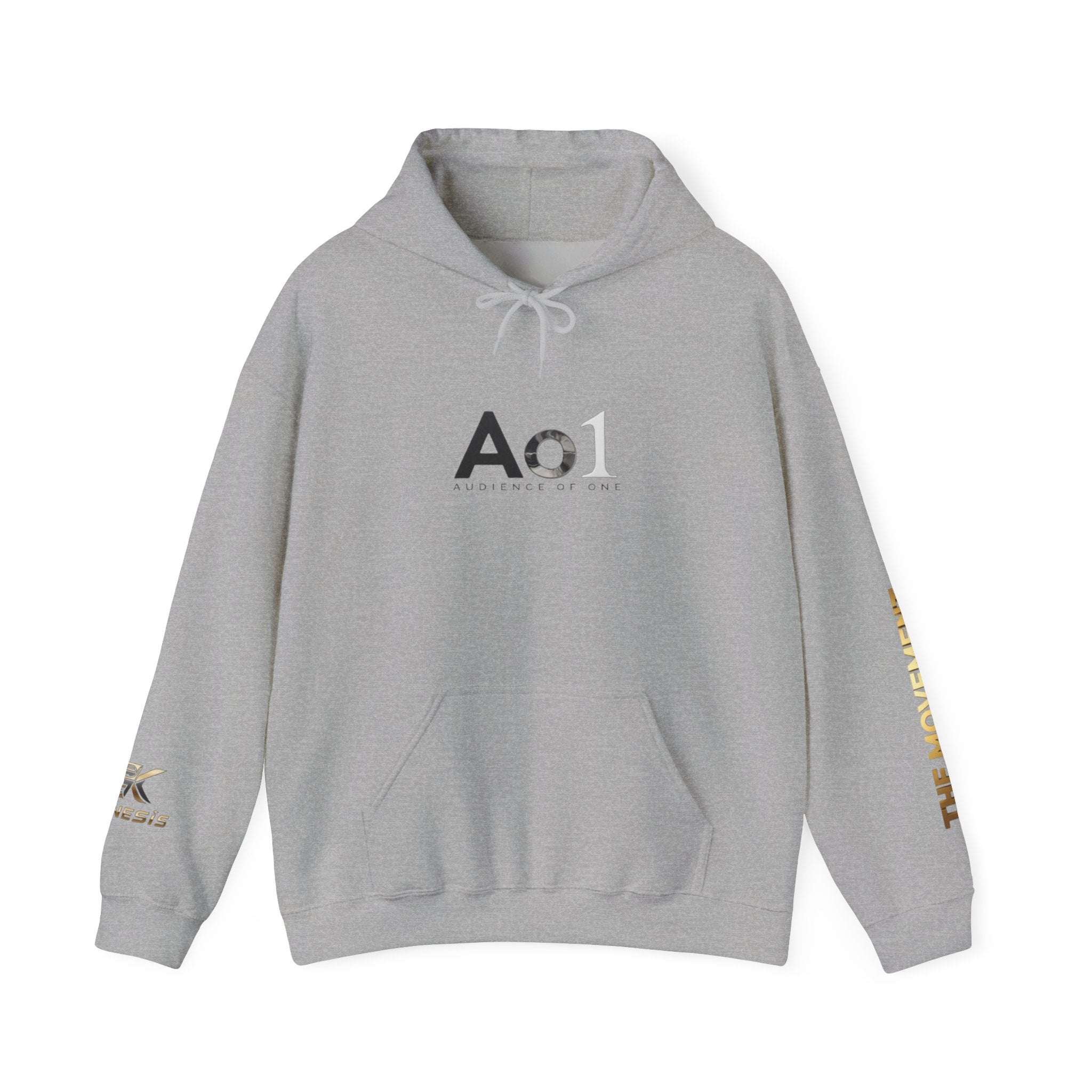 Ao1 Logo Hoodie — Minimalist White Pullover with Gold Sleeve Text