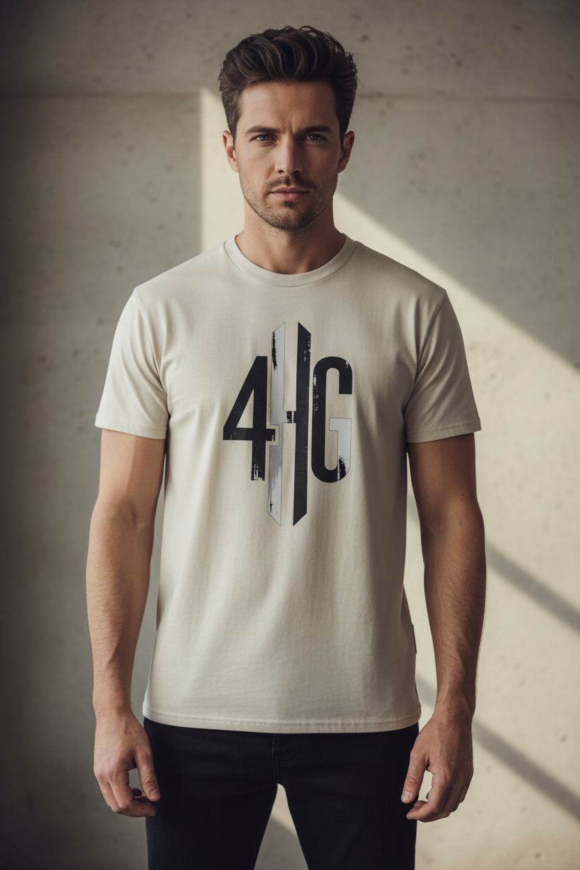 Redemption Gothic men's faded ecru heavy tee – editorial front view, Christian apparel by For His Glory