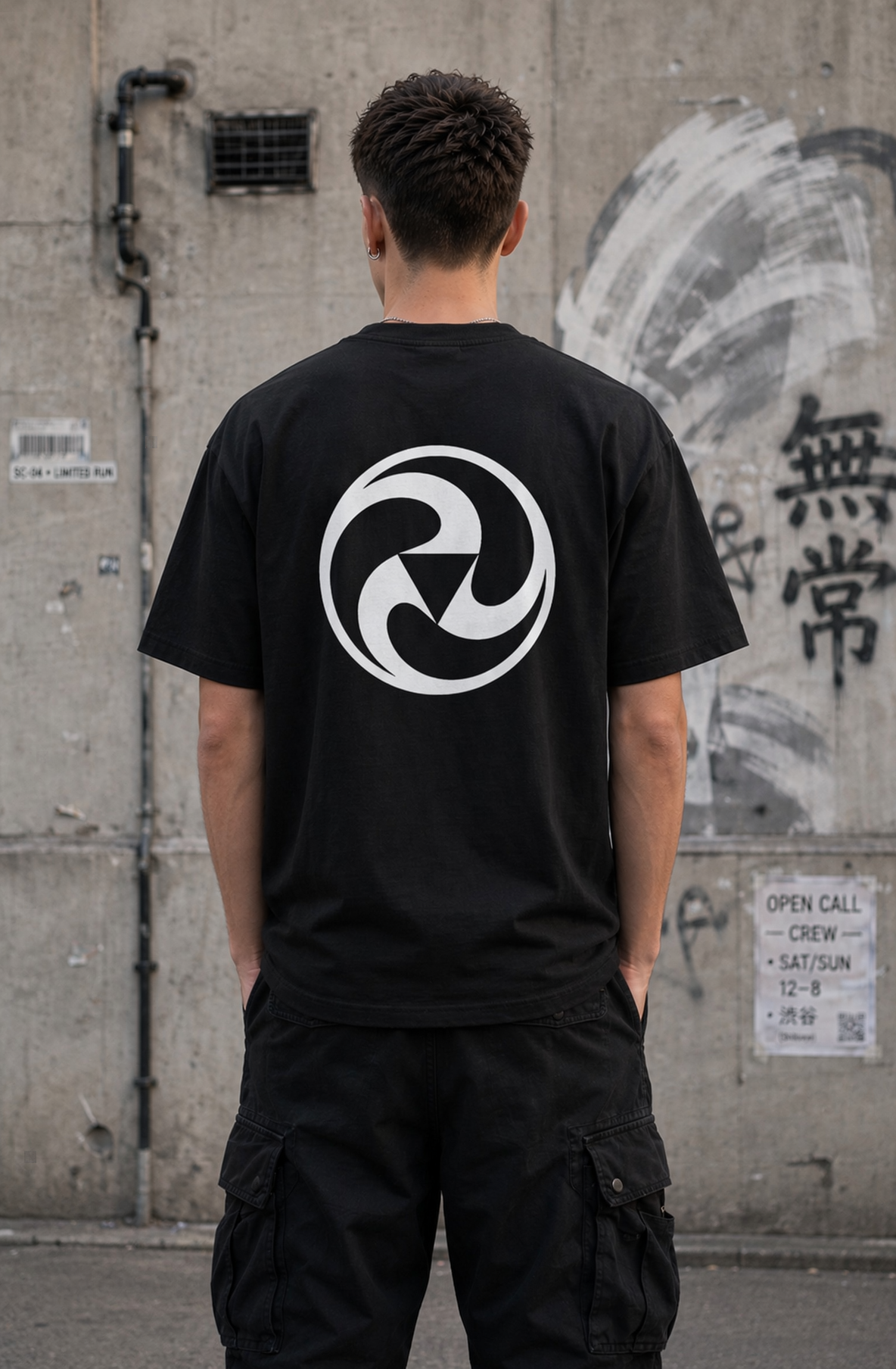 A man viewed from behind wearing a black t-shirt with a large white circular graphic on the back, standing against a concrete wall with graffiti.