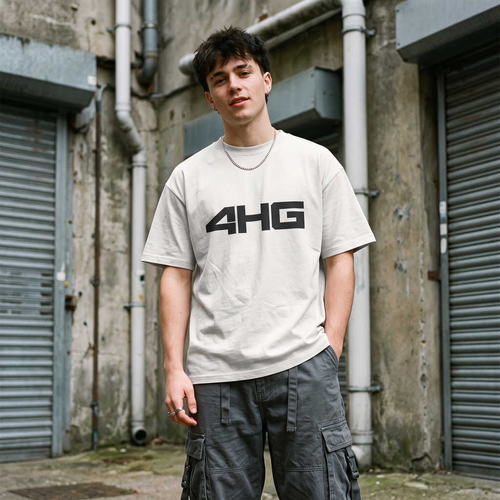 A young man wearing a light gray oversized t-shirt with a bold black '4H6' graphic on the chest, paired with dark gray cargo pants, standing in front of an industrial concrete building with metal roll-up doors.