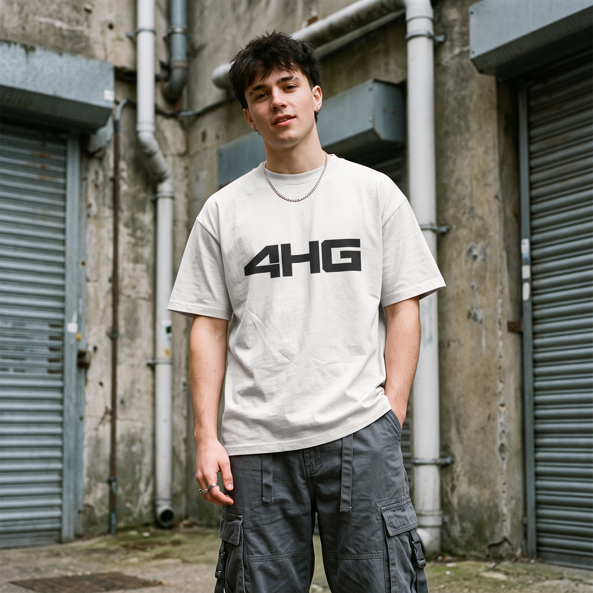 A young man wearing a light gray oversized t-shirt with a bold black '4H6' graphic on the chest, paired with dark gray cargo pants, standing in front of an industrial concrete building with metal roll-up doors.
