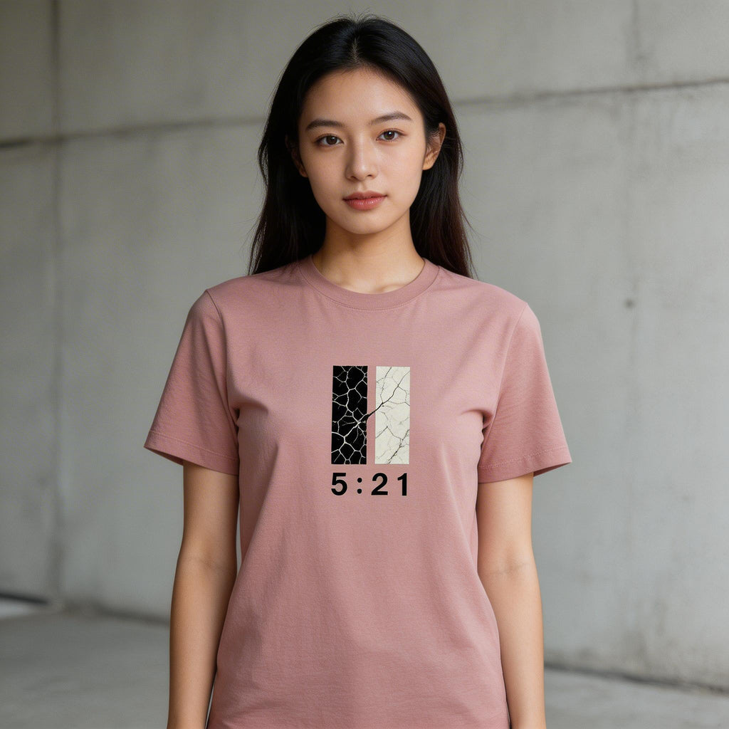 Female model wearing The Great Exchange Men's Staple Faded Tee in Faded Rose — editorial style front view, 2 Corinthians 5:21 Great Exchange gospel design, garment-dyed Christian tee by 4HG