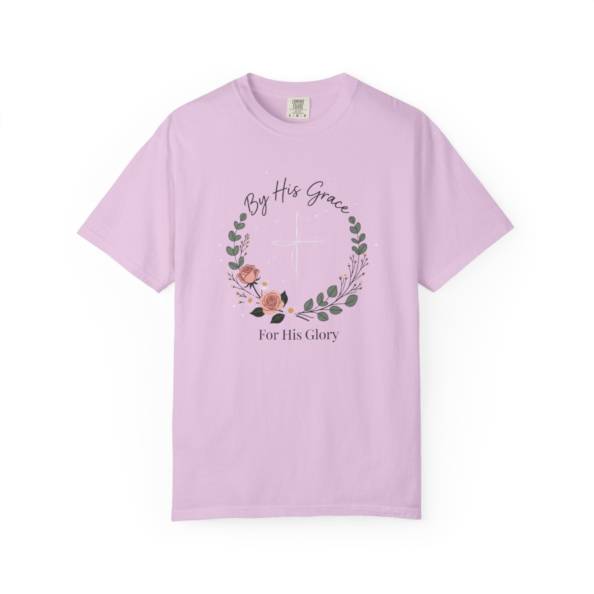 Lavender t-shirt with floral design and text on a white background