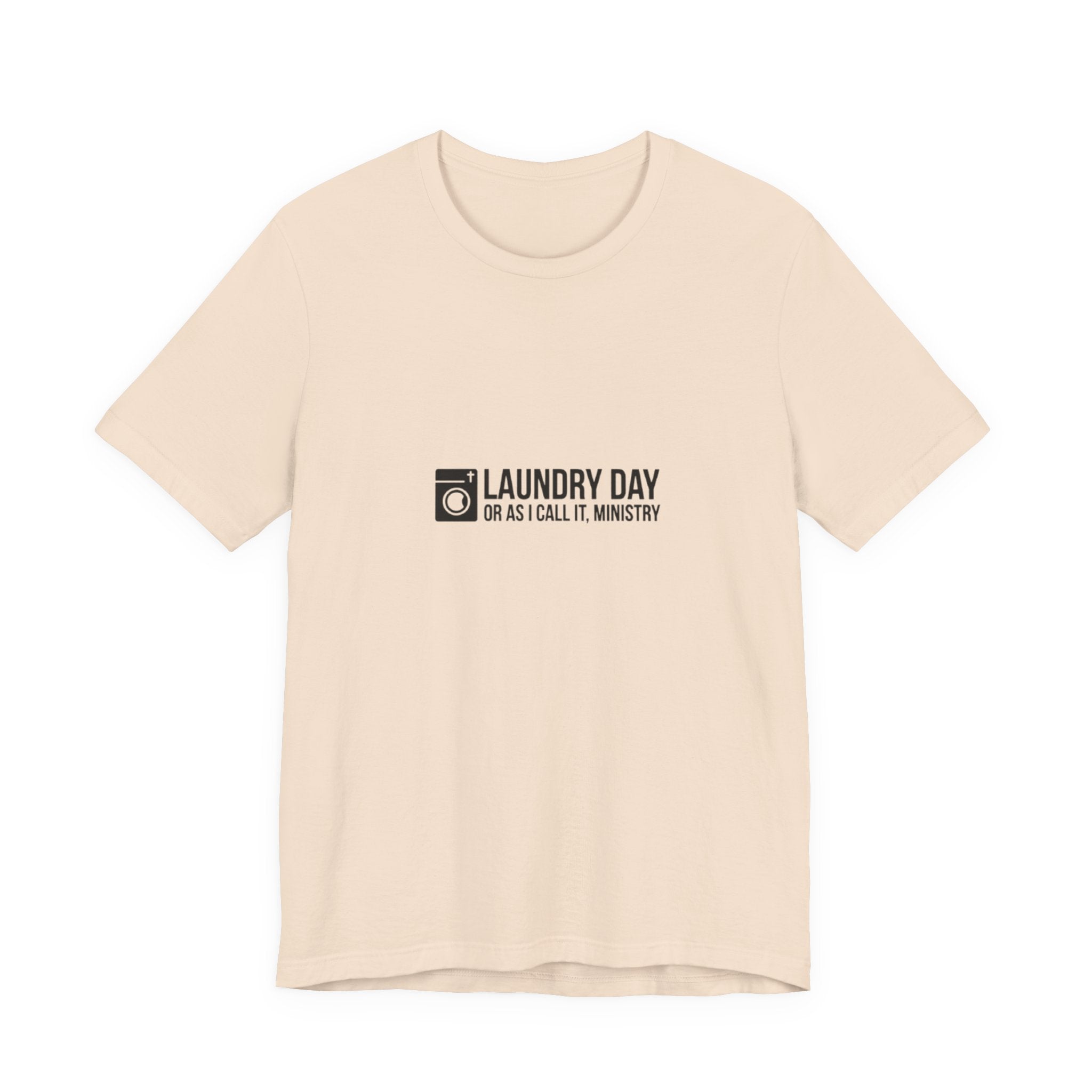 Beige t-shirt with black text and logo on a white background