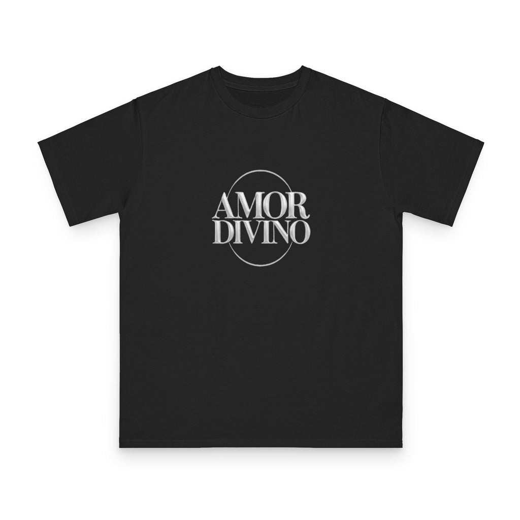 Black t-shirt with 'AMOR DIVINO' text on a white background