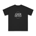 Black t-shirt with 'AMOR DIVINO' text on a white background