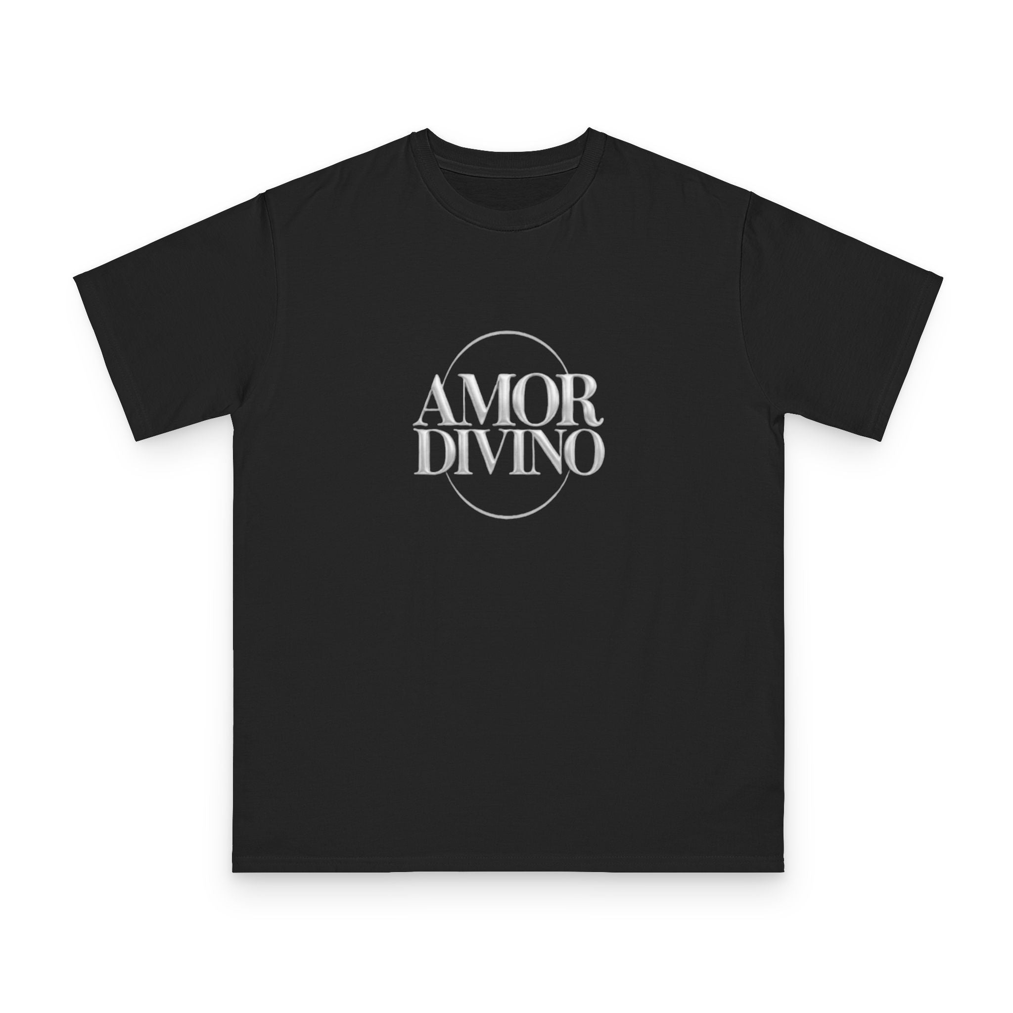 Black t-shirt with 'AMOR DIVINO' text on a white background