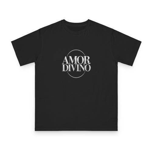 Black t-shirt with 'AMOR DIVINO' text on a white background