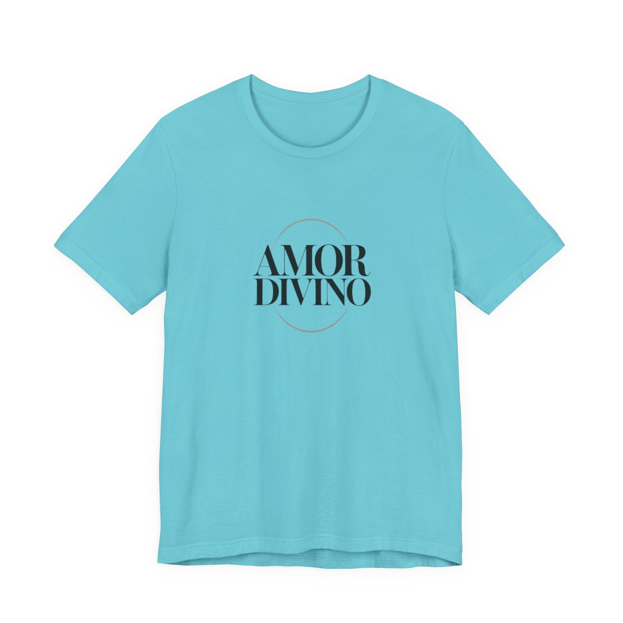 Light blue t-shirt with 'AMOR DIVINO' text on a white background