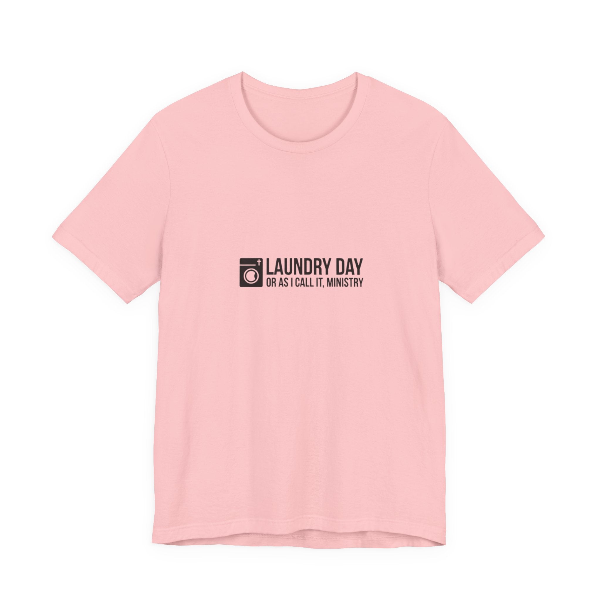 Pink t-shirt with black text and logo on a white background