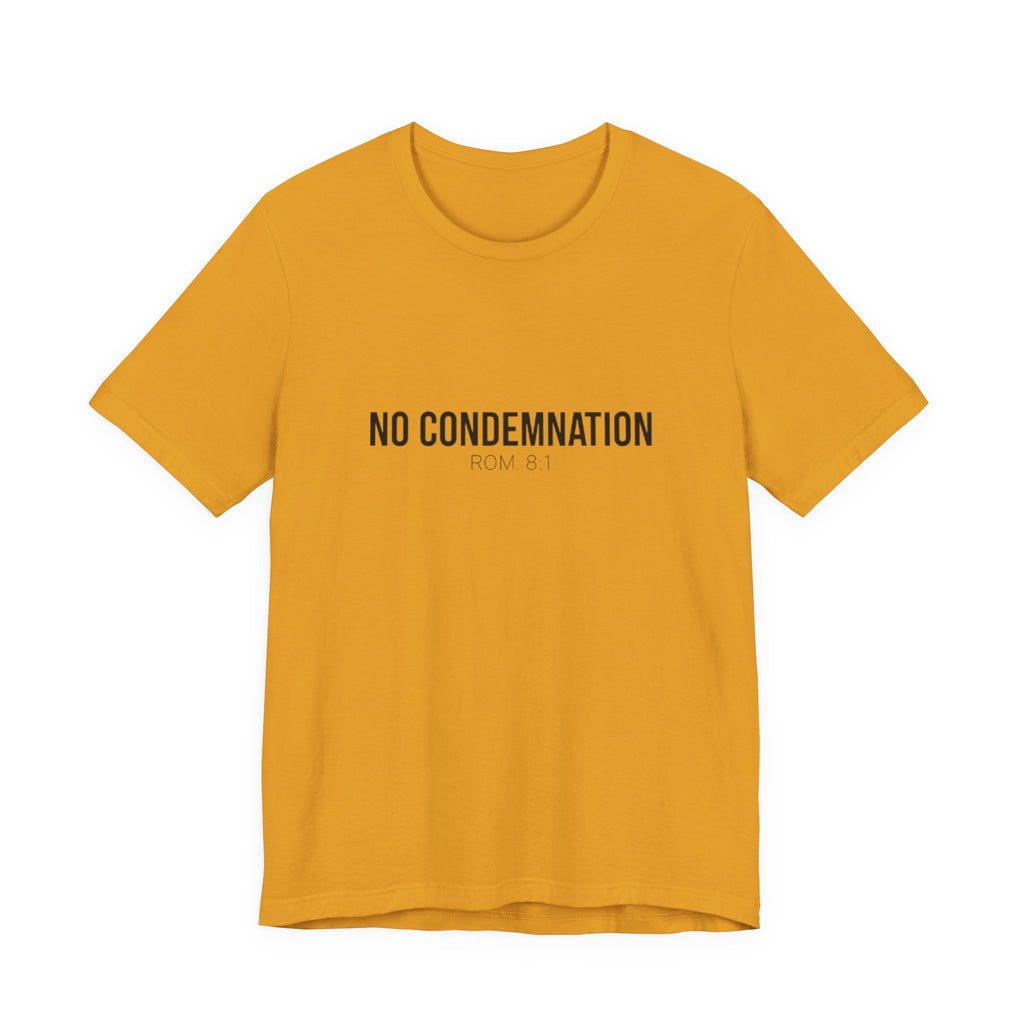 Yellow t-shirt with 'NO CONDEMNATION' text on a white background