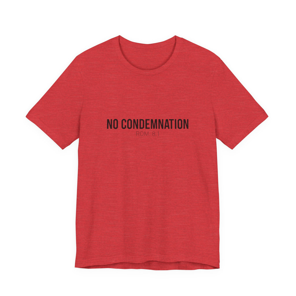 Red t-shirt with 'NO CONDEMNATION ROM 8:1' text on a white background