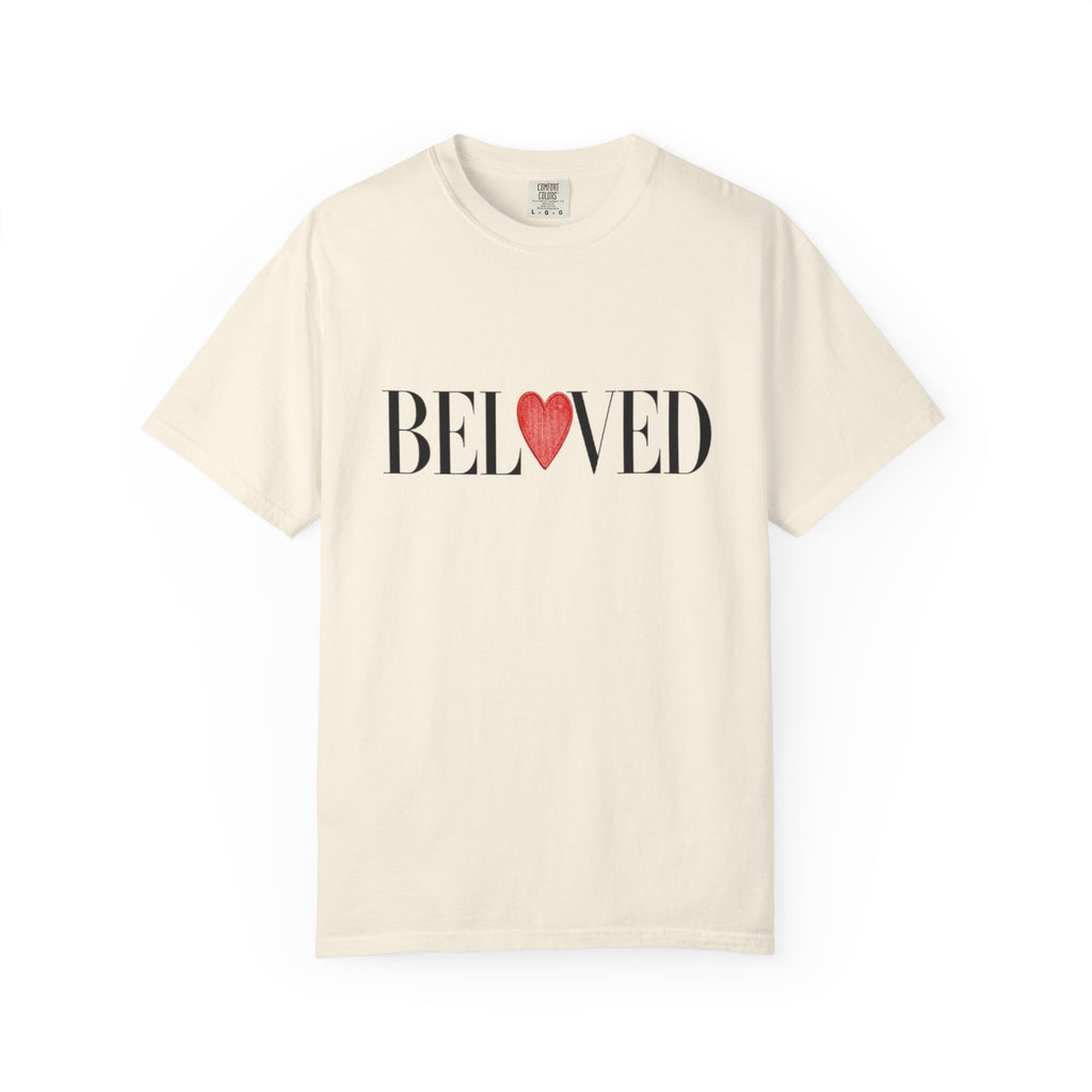 Beige t-shirt with 'BELoved' text and red heart on a white background